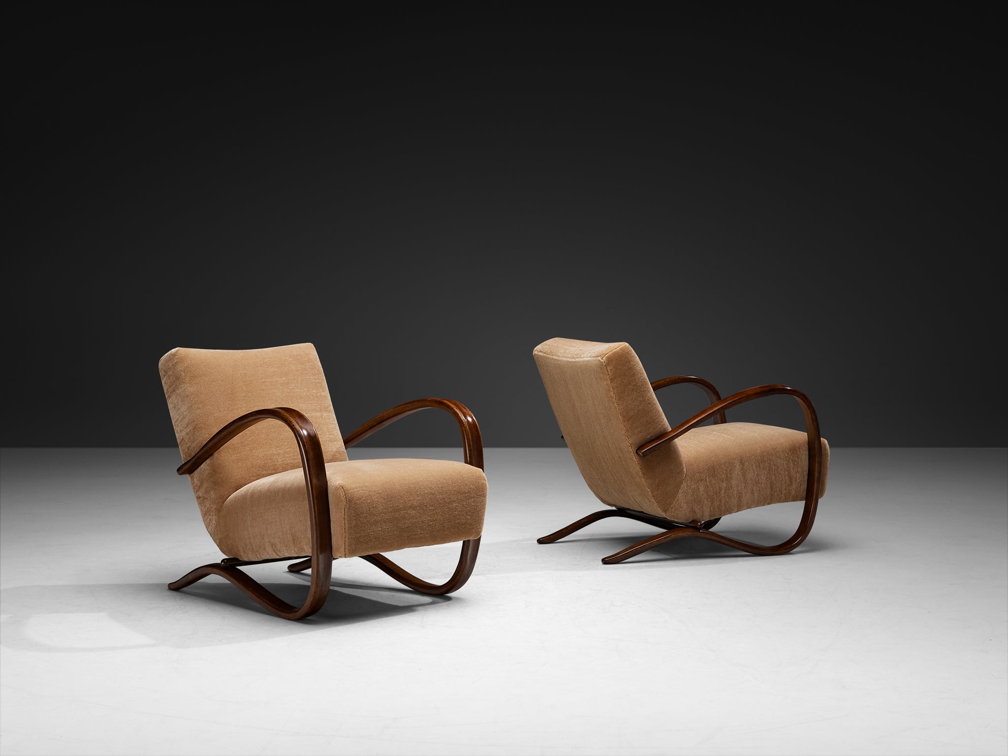 Jindrich Halabala Lounge Chairs Upholstered in Brown Pierre Frey Mohair Seating Morentz