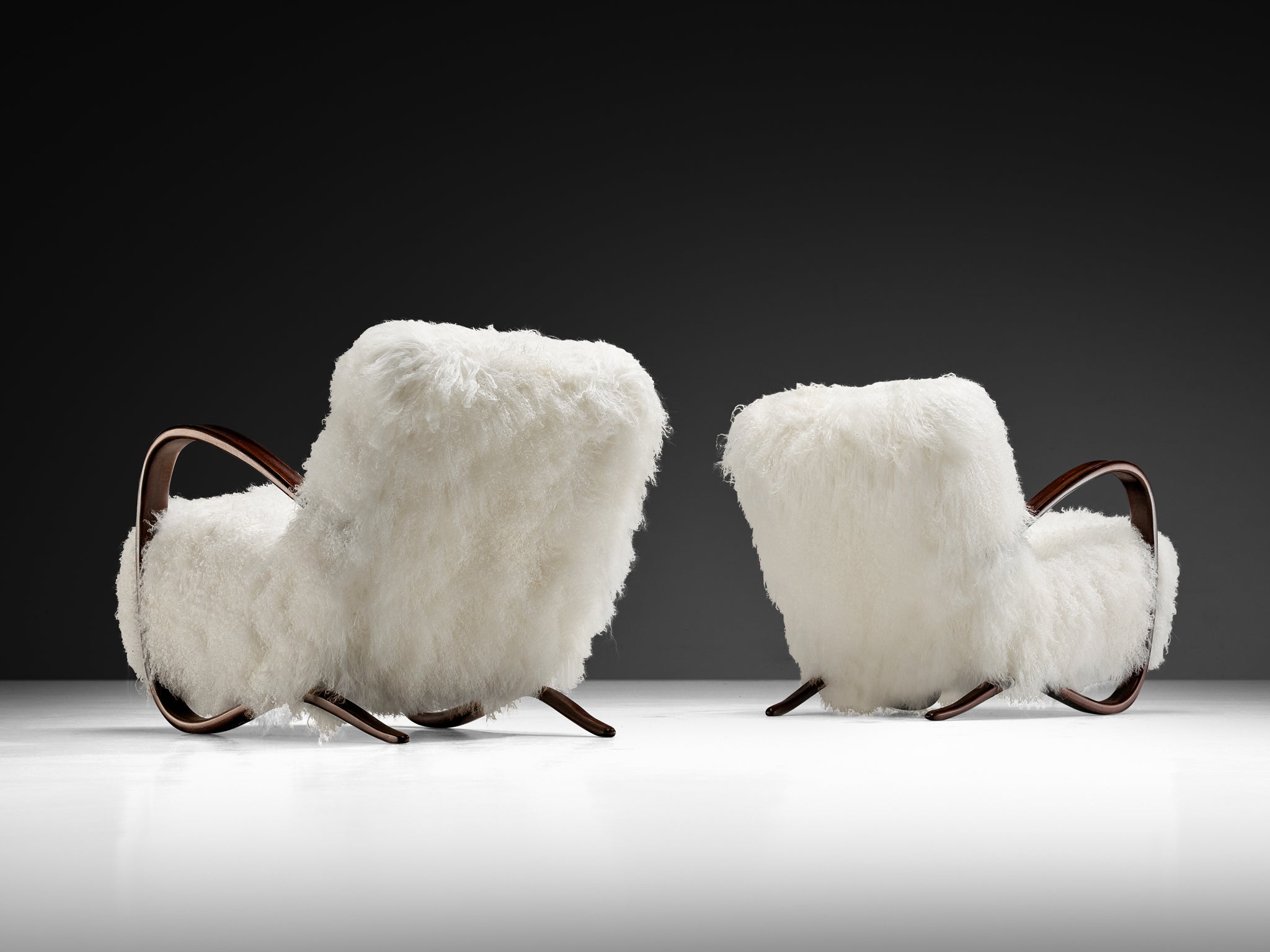 Jindrich Halabala Lounge Chairs in White Tibetan Lambswool Seating Morentz