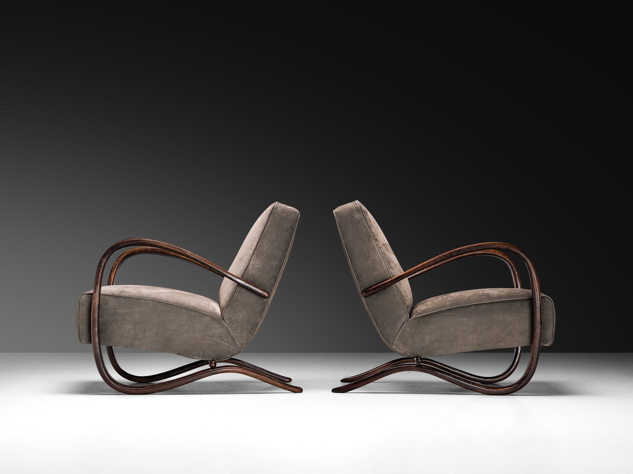 Jindrich Halabala Lounge Chairs in Grey Nubuck Leather Seating Morentz