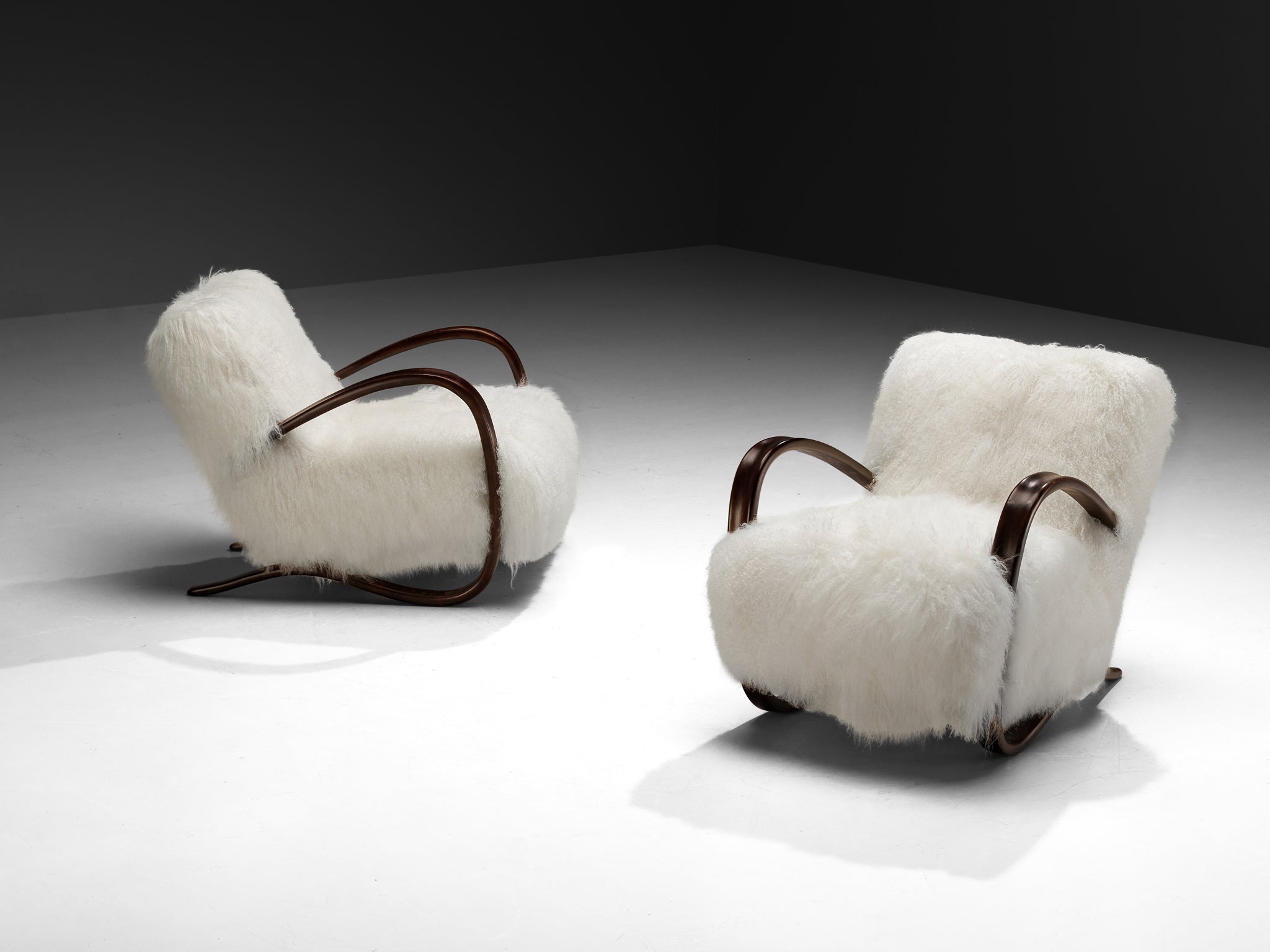 Jindrich Halabala Lounge Chairs in White Tibetan Lambswool Seating Morentz