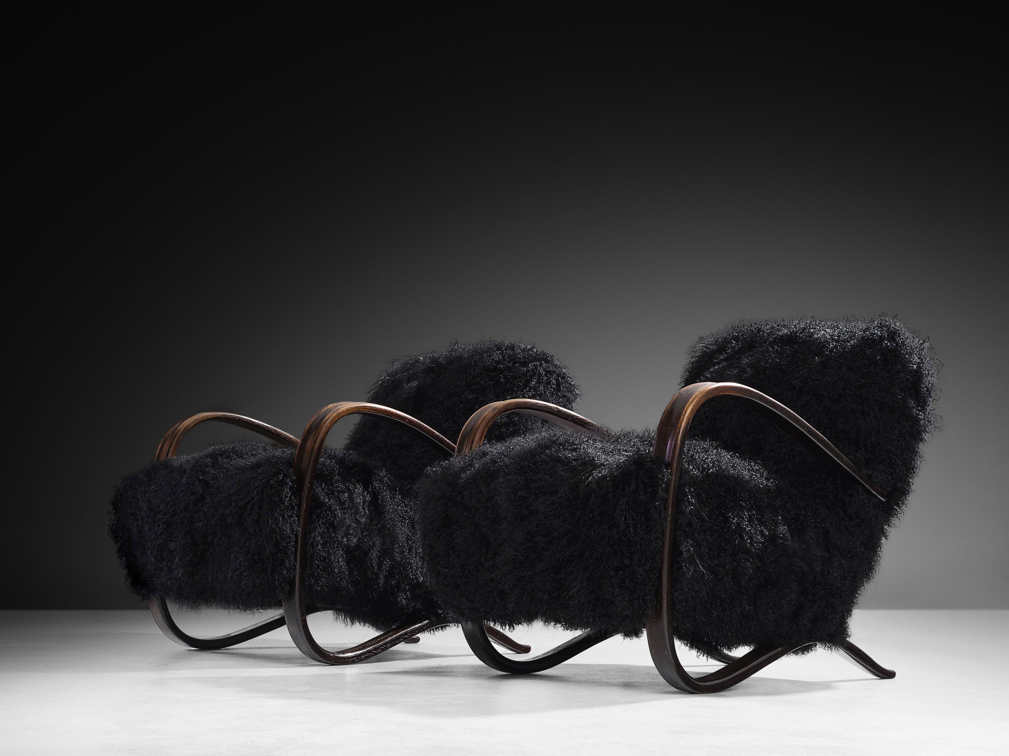 Jindrich Halabala Lounge Chairs in Black Tibetan Lambswool Seating Morentz