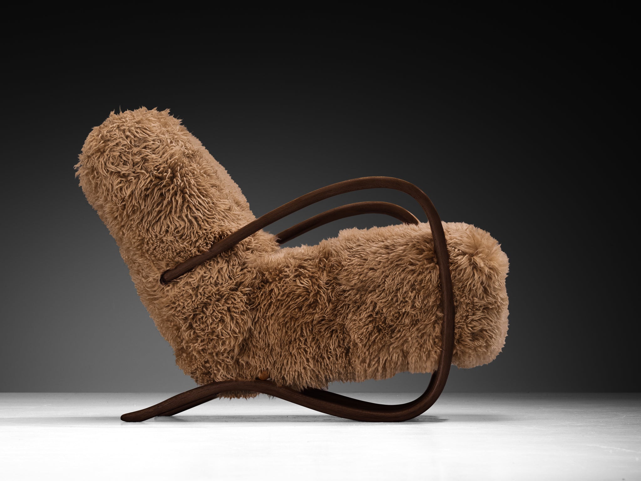 Jindřich Halabala Lounge Chairs in Brown Tibetan Lambswool Seating Morentz