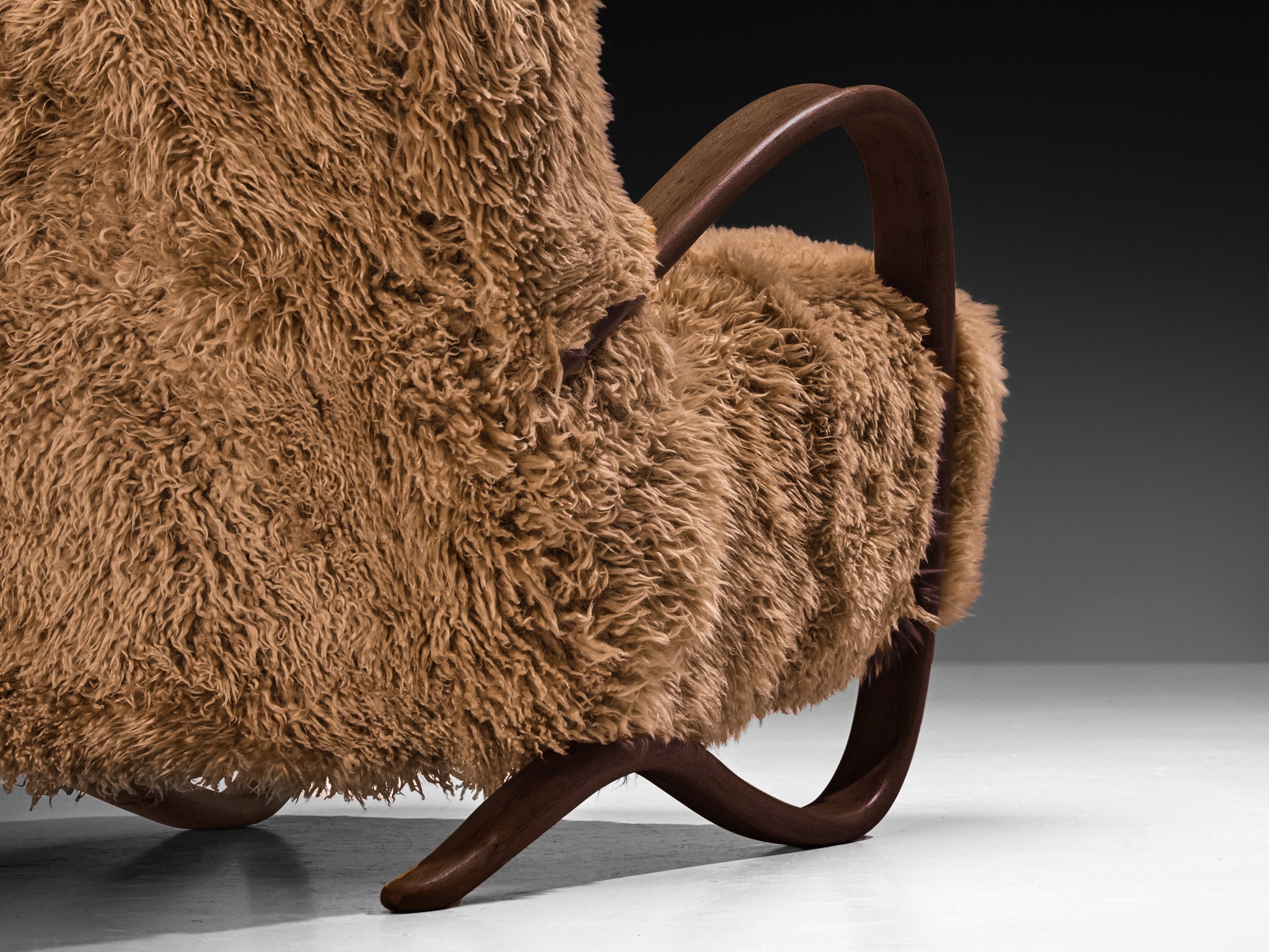 Jindřich Halabala Lounge Chairs in Brown Tibetan Lambswool Seating Morentz