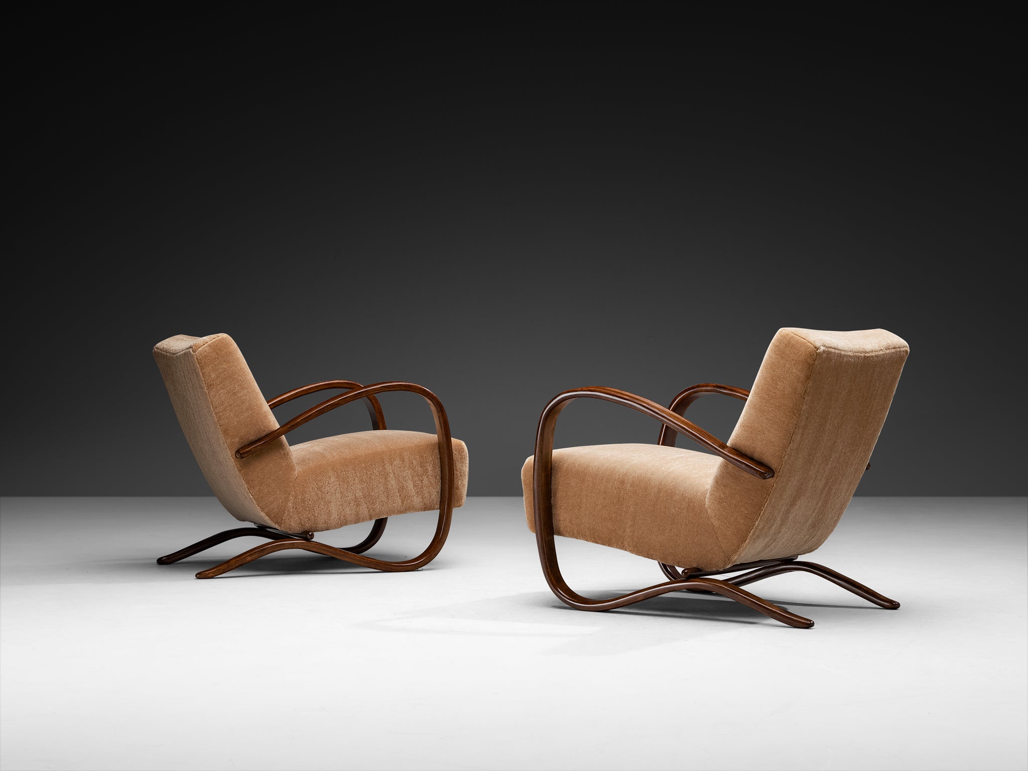 Jindrich Halabala Lounge Chairs Upholstered in Brown Pierre Frey Mohair Seating Morentz