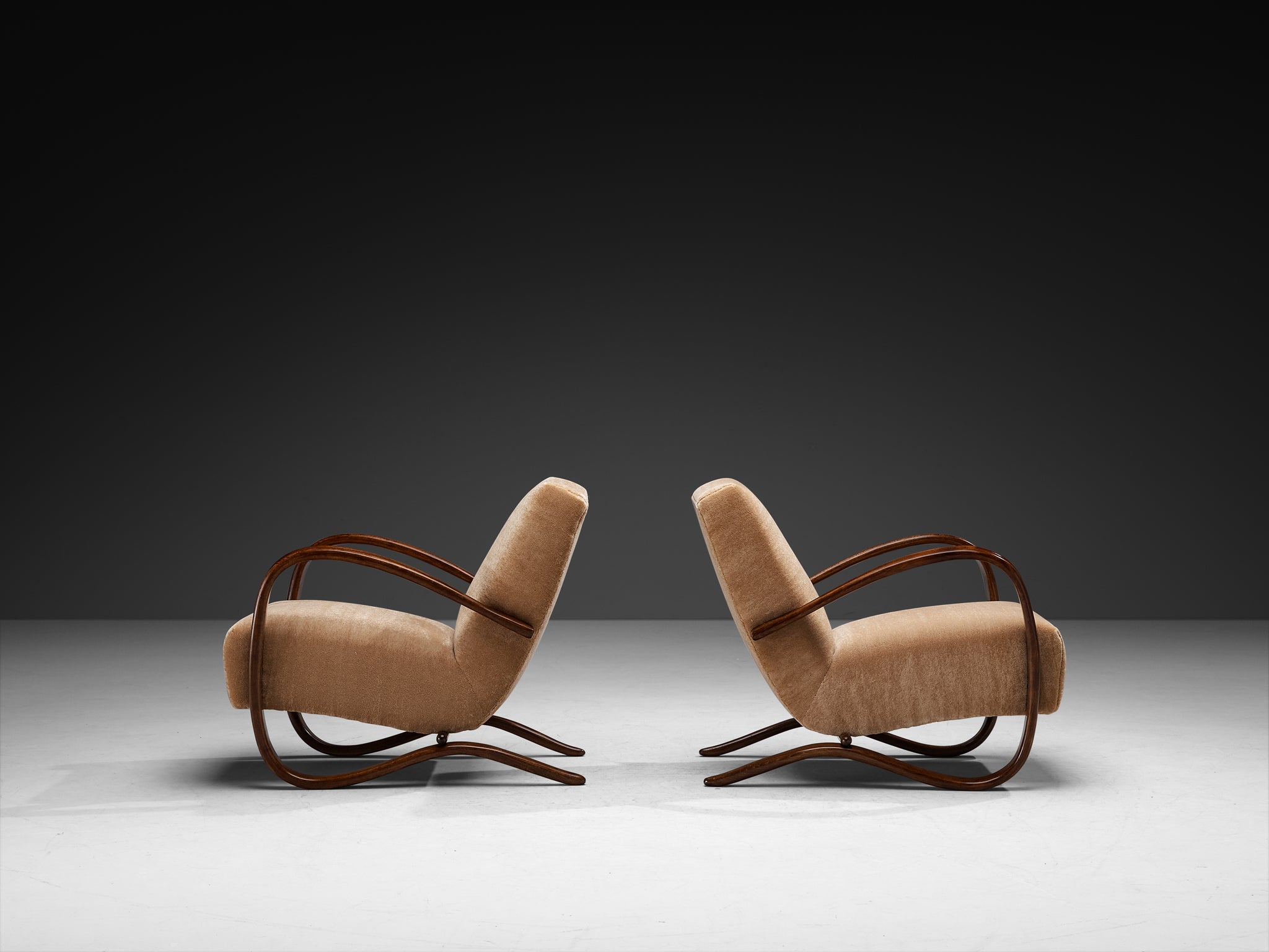 Jindrich Halabala Lounge Chairs Upholstered in Brown Pierre Frey Mohair Seating Morentz