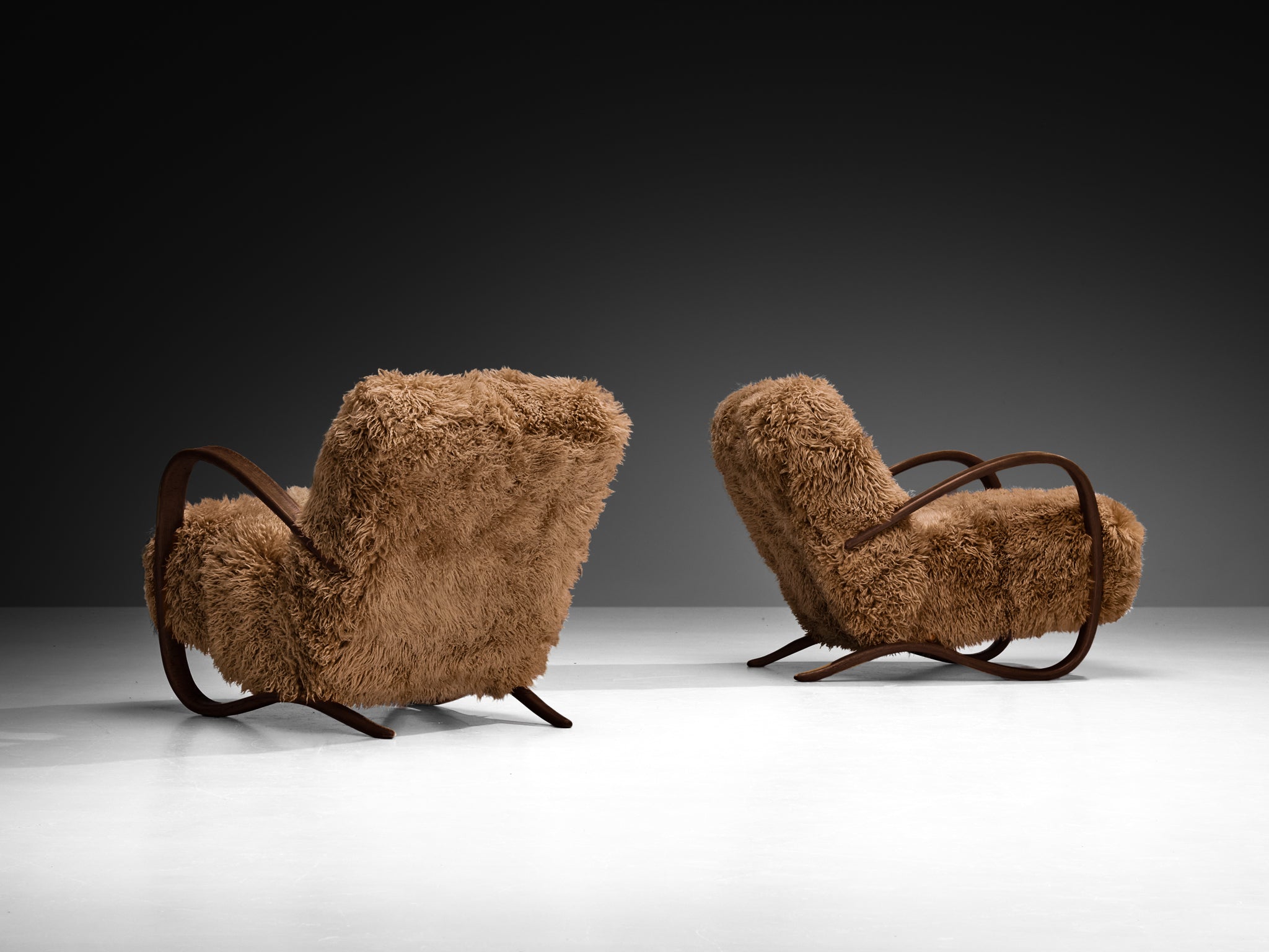 Jindřich Halabala Lounge Chairs in Brown Tibetan Lambswool Seating Morentz