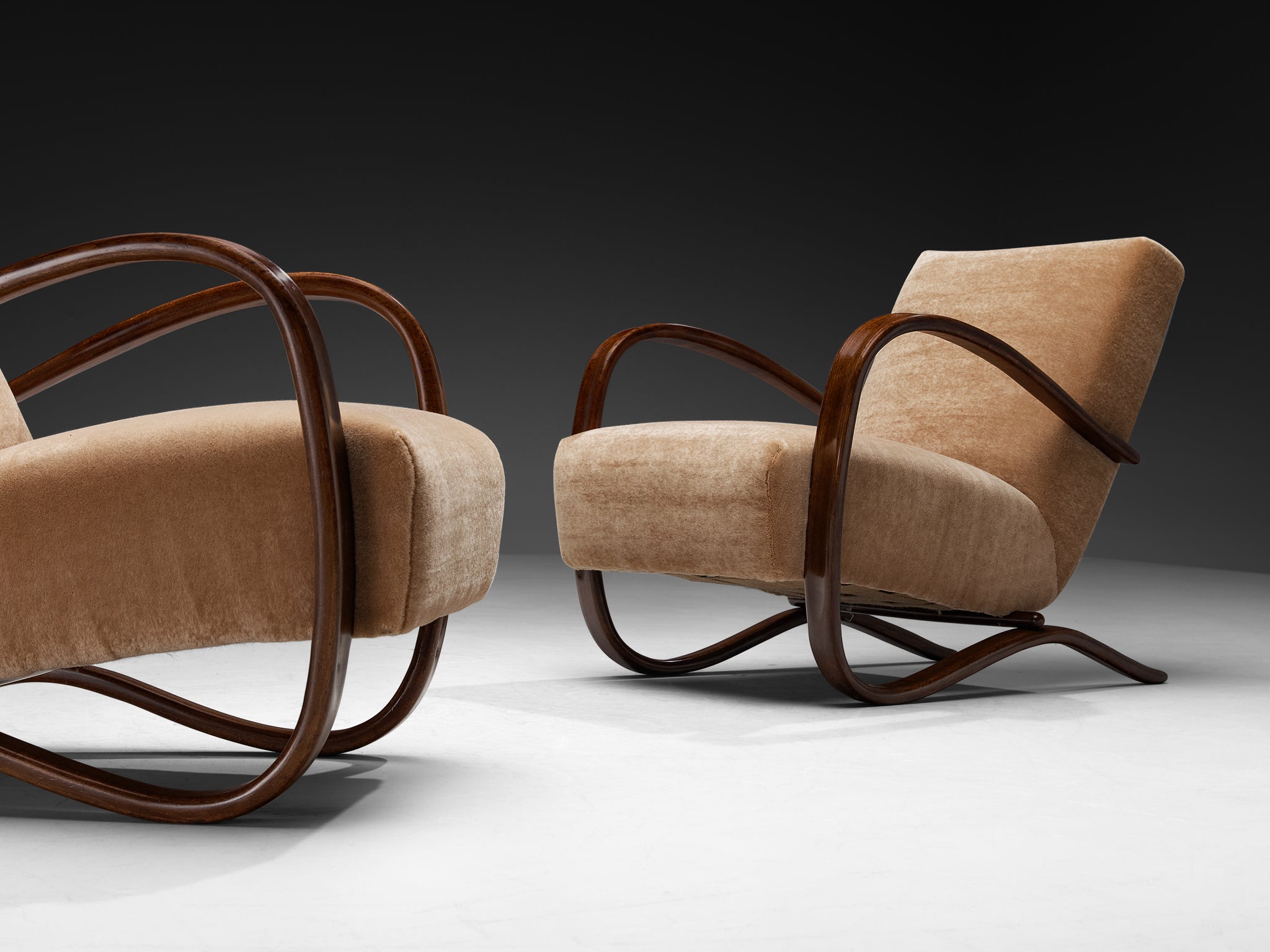 Jindrich Halabala Lounge Chairs Upholstered in Brown Pierre Frey Mohair Seating Morentz