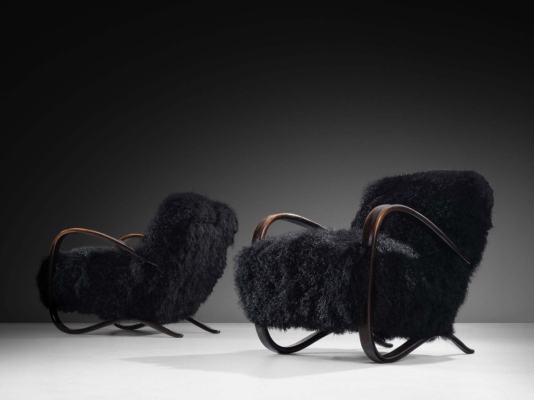 Jindrich Halabala Lounge Chairs in Black Tibetan Lambswool Seating Morentz