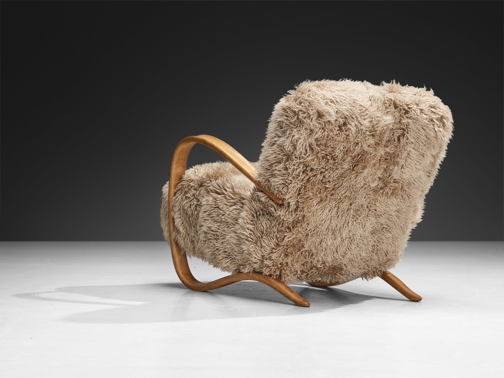 Jindřich Halabala Lounge Chairs in Beige Tibetan Lambswool Seating Morentz