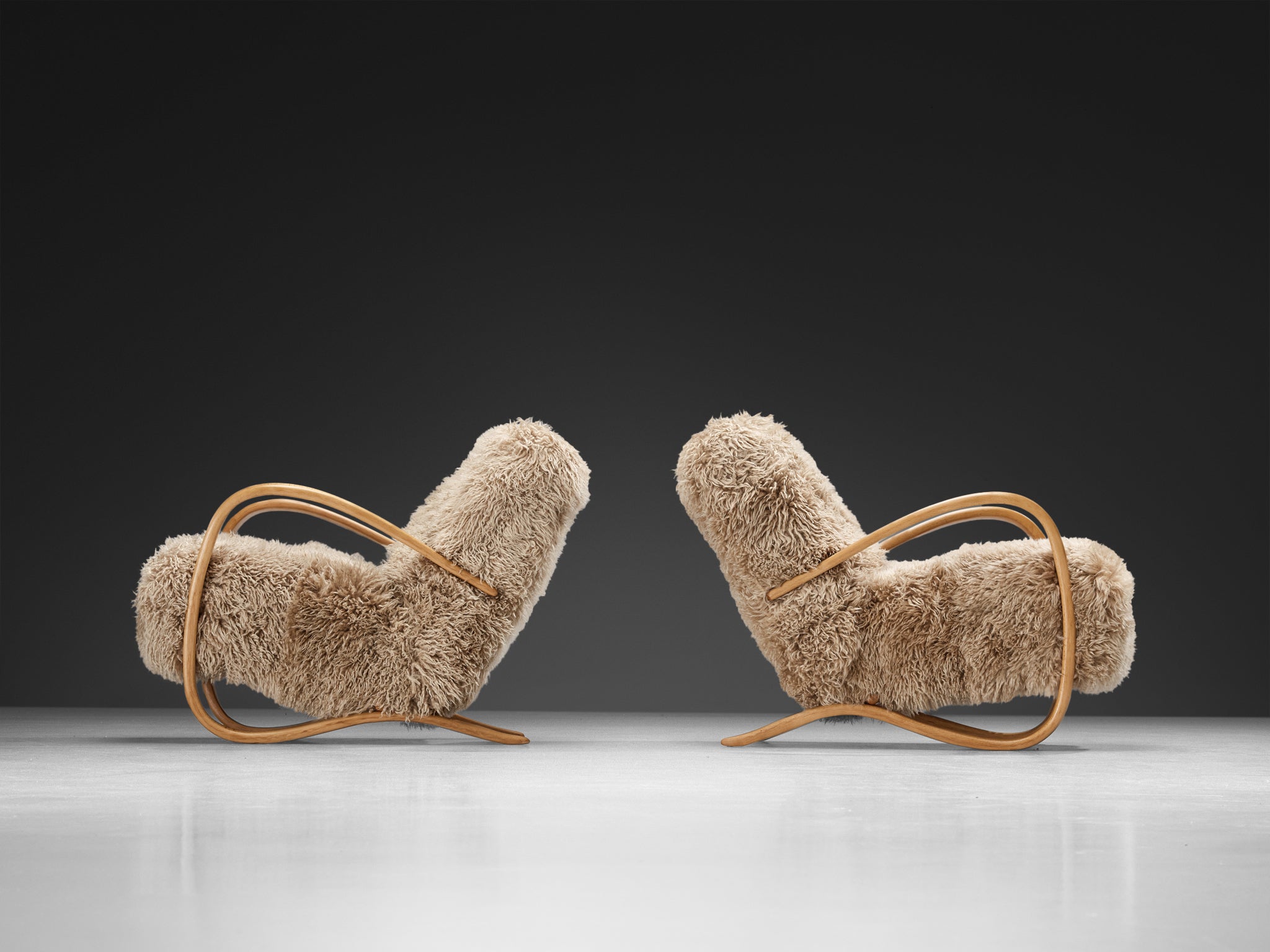Jindřich Halabala Lounge Chairs in Beige Tibetan Lambswool Seating Morentz