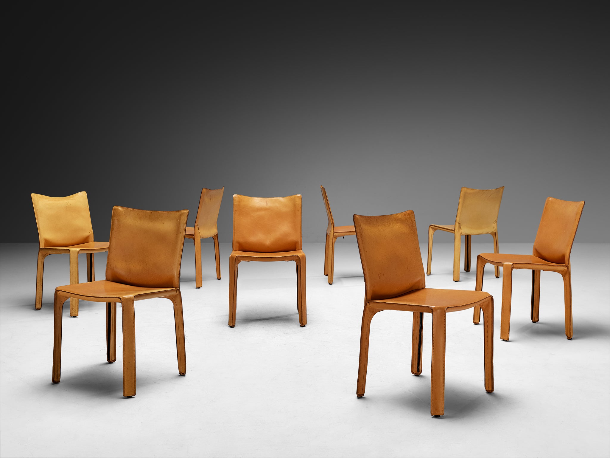 Mario Bellini for Cassina Set of Eight 'Cab' Dining Chairs in Cognac Brown Leather Seating Morentz