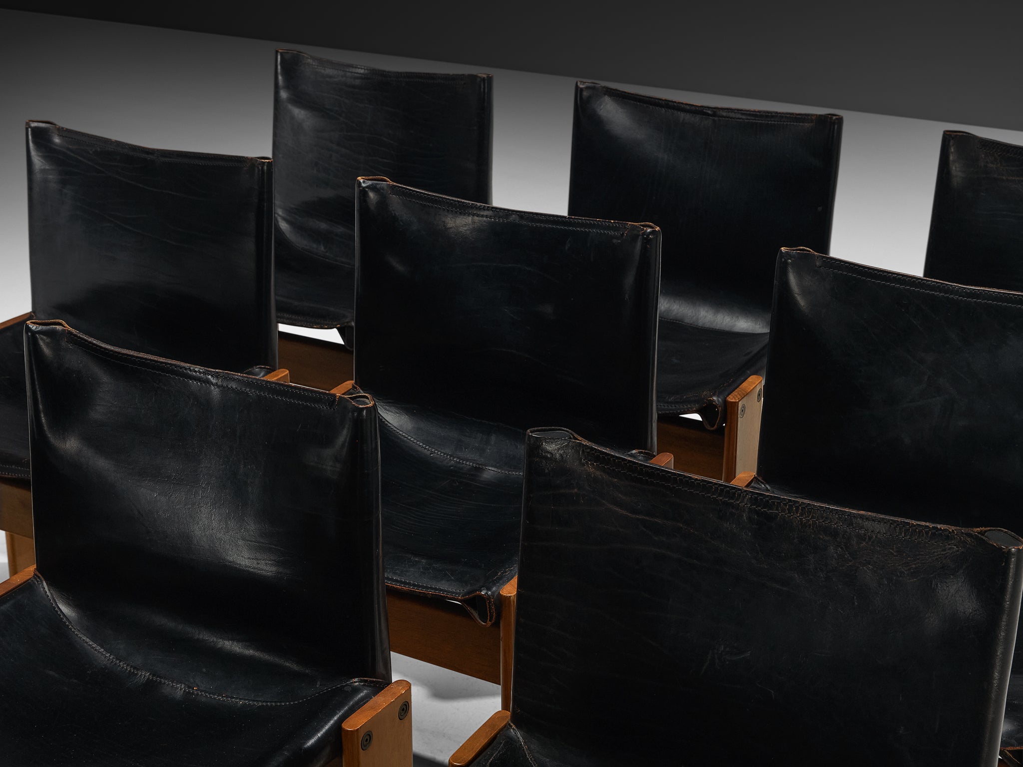 Afra & Tobia Scarpa for Molteni Set of Twelve 'Monk' Dining Chairs in Walnut and Leather Seating Morentz