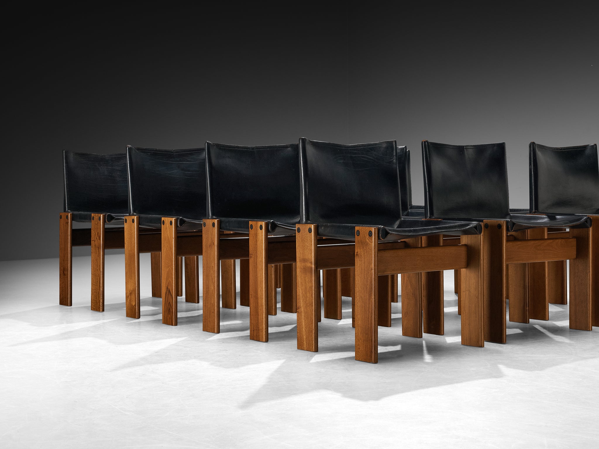 Afra & Tobia Scarpa for Molteni Set of Twelve 'Monk' Dining Chairs in Walnut and Leather Seating Morentz