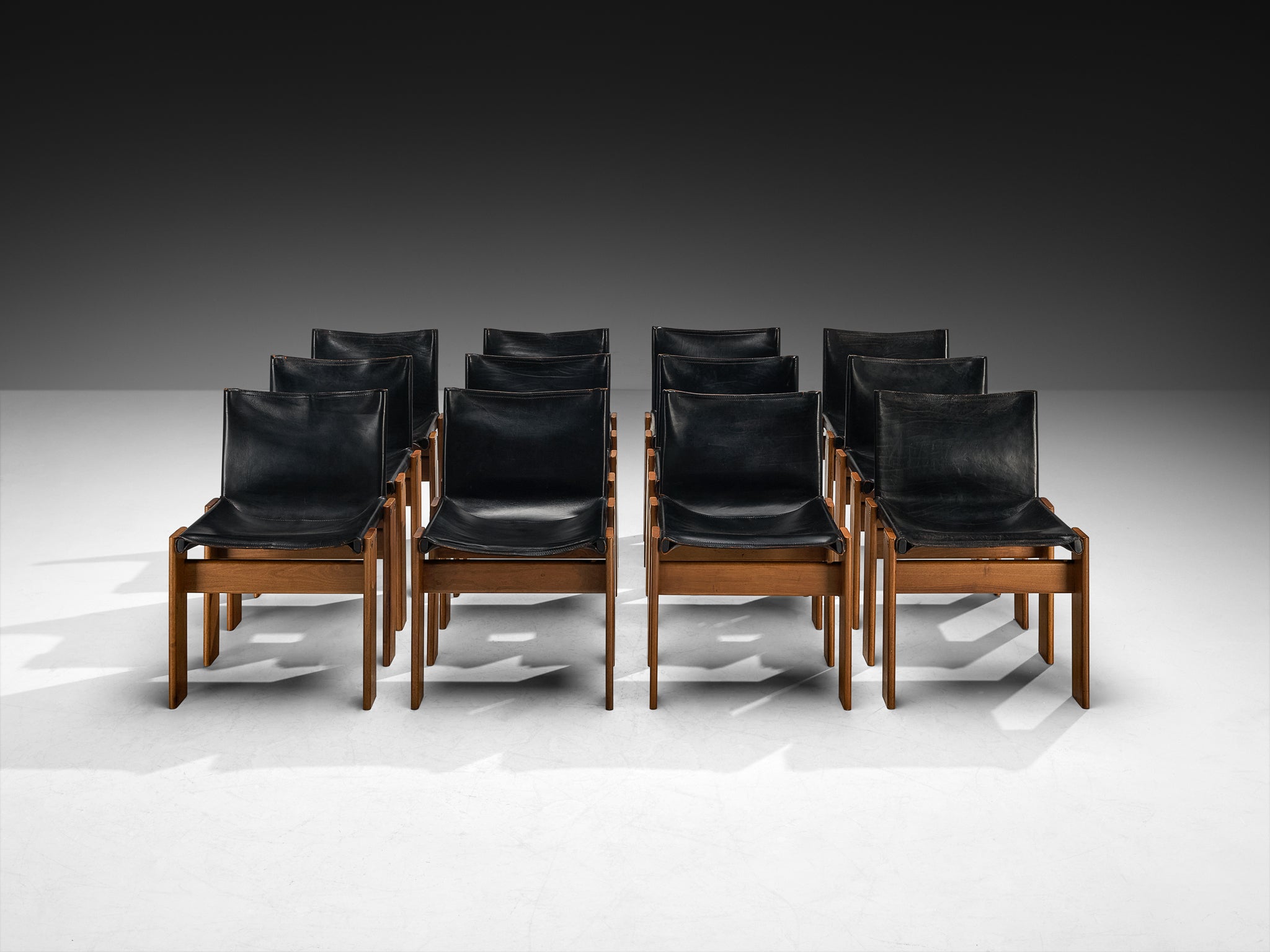 Afra & Tobia Scarpa for Molteni Set of Twelve 'Monk' Dining Chairs in Walnut and Leather Seating Morentz