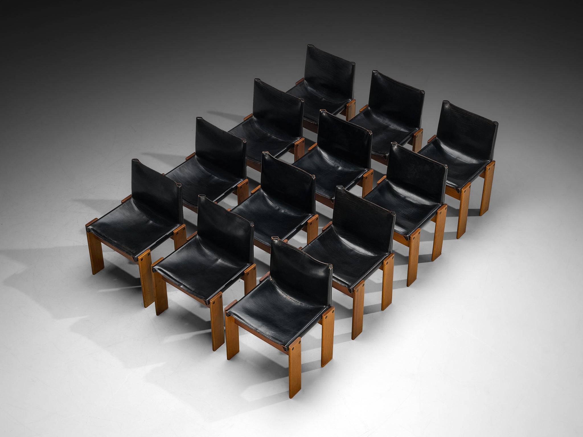 Afra & Tobia Scarpa for Molteni Set of Twelve 'Monk' Dining Chairs in Walnut and Leather Seating Morentz