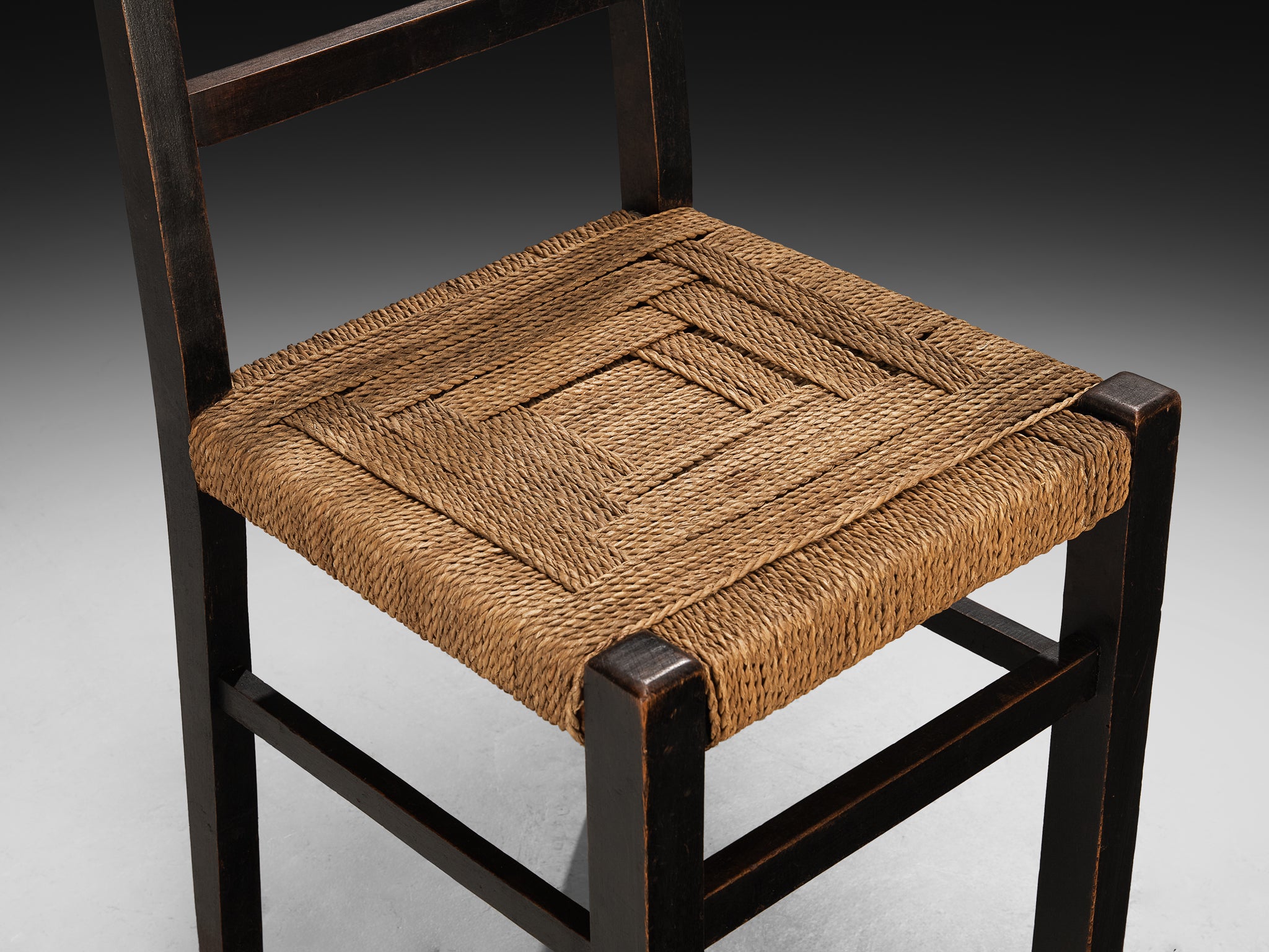 1920s Francis Jourdain Set of Four Dining or Side Chairs in Dark Wood and Rush Seating Morentz