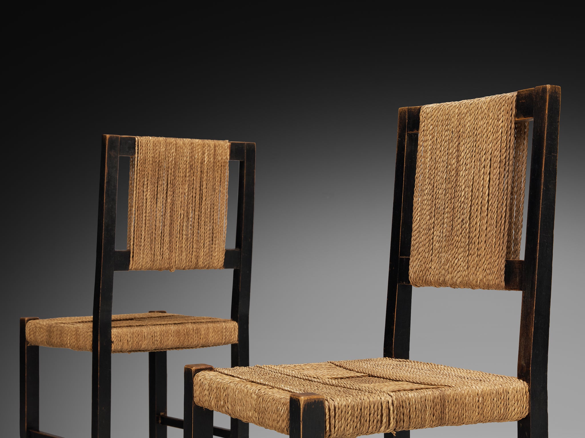 Francis Jourdain Pair of Dining Chairs in Wood and Straw Seats Seating Morentz