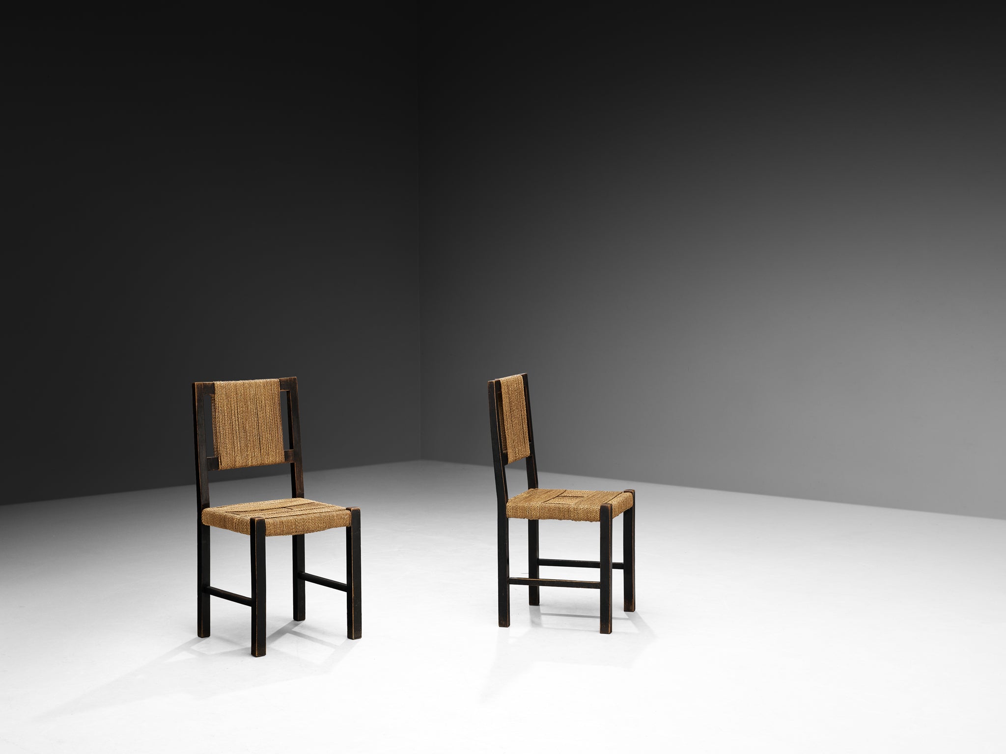 Francis Jourdain Pair of Dining Chairs in Wood and Straw Seats Seating Morentz
