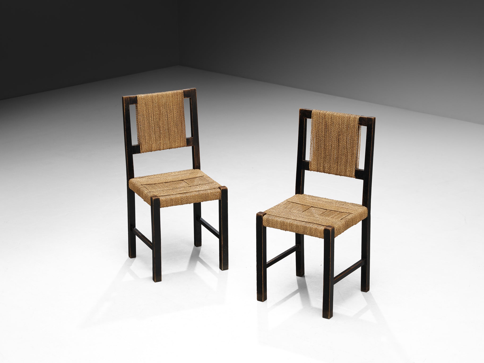 Francis Jourdain Pair of Dining Chairs in Wood and Straw Seats Seating Morentz