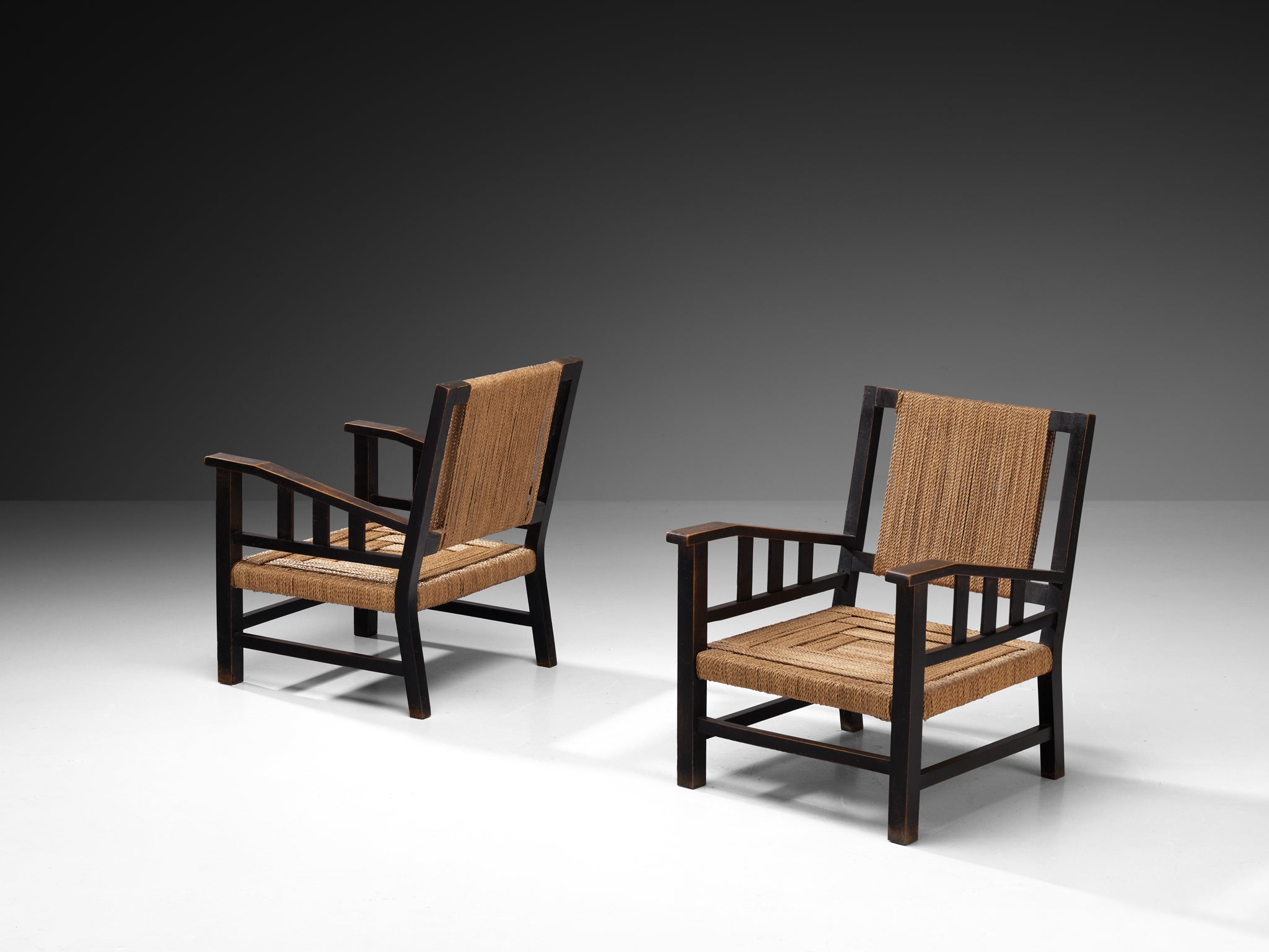 Francis Jourdain Lounge Chairs in Woven Rush and Wood Seating Morentz
