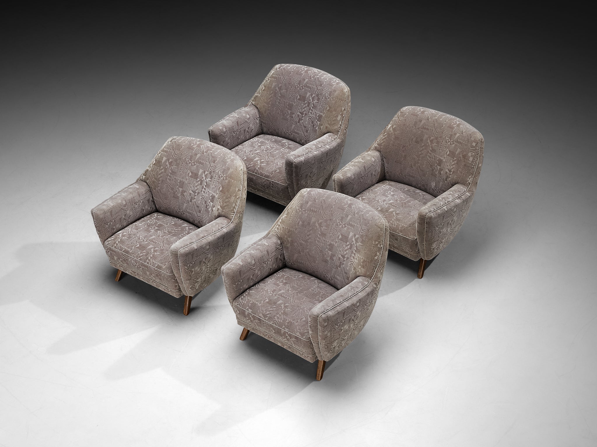 Set of Four 1950s Armchairs in Grey Geometric Velvet with Wooden Legs Seating Morentz