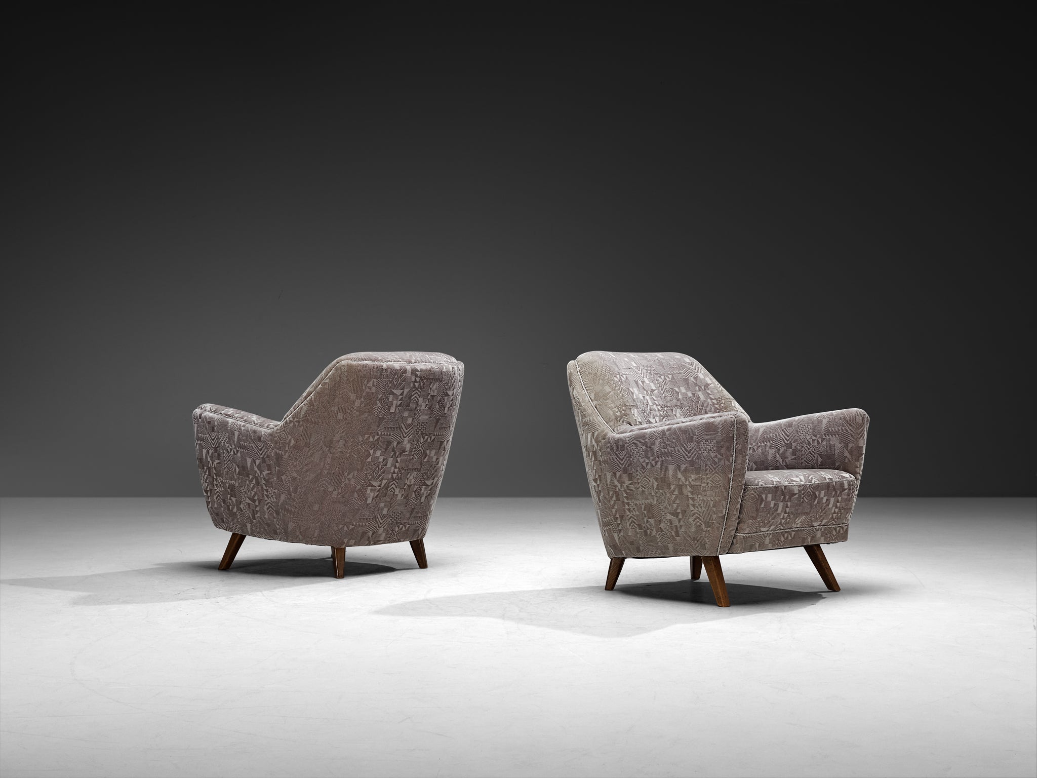 Set of Four 1950s Armchairs in Grey Geometric Velvet with Wooden Legs Seating Morentz