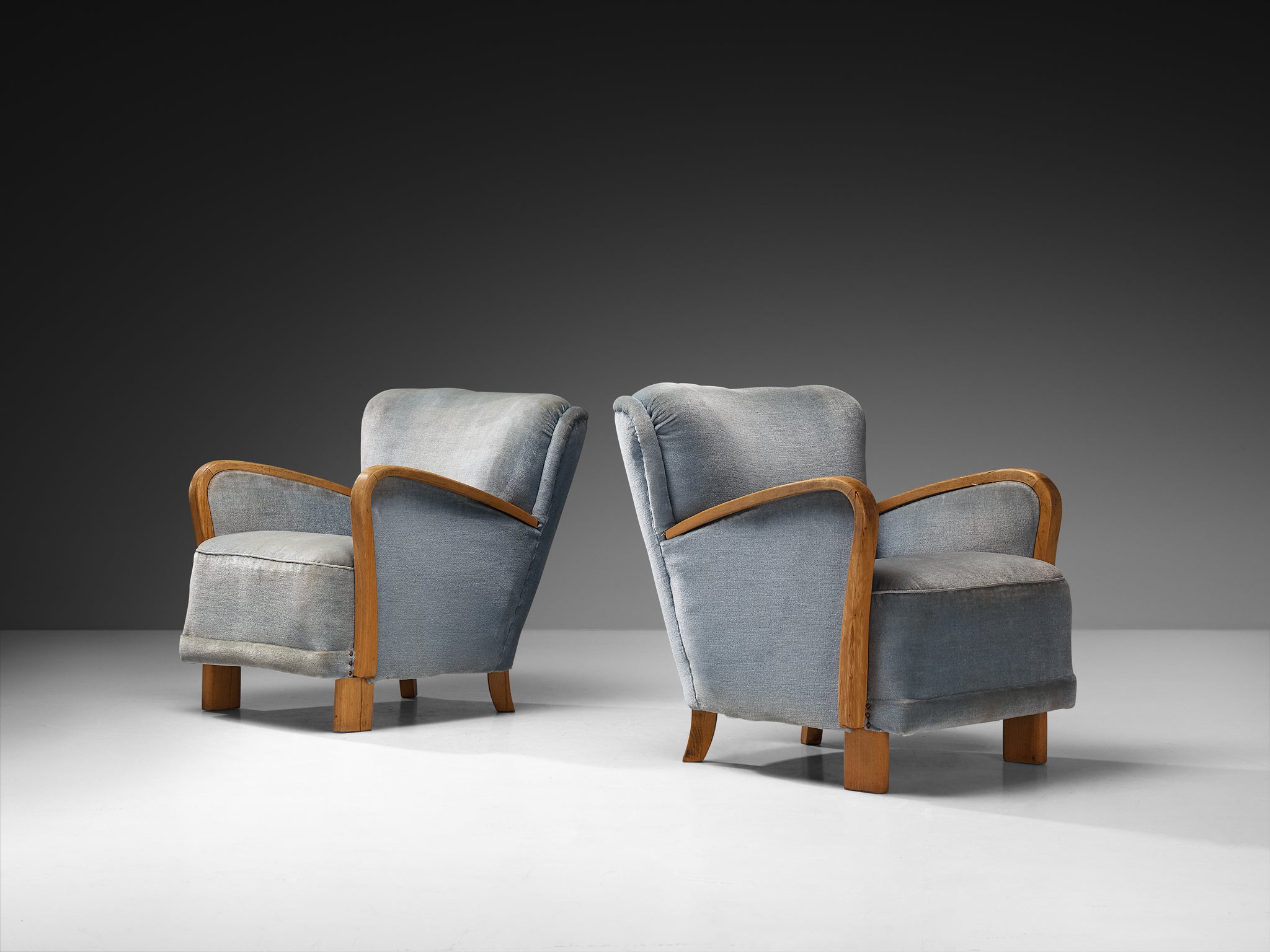 Mid-Century Pair of Lounge Chairs in Wood and Ice Blue Fabric Seating Morentz