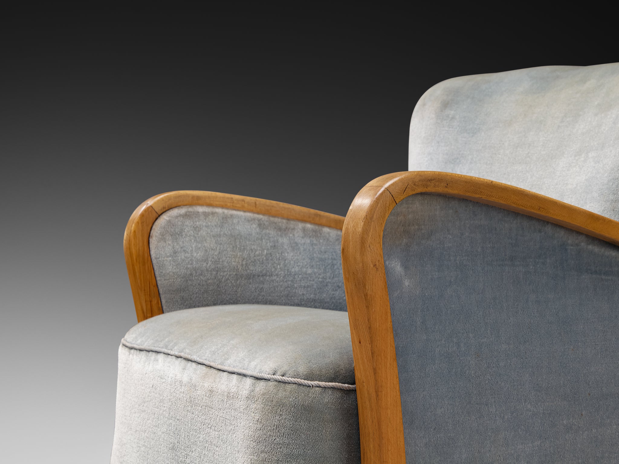 Mid-Century Pair of Lounge Chairs in Wood and Ice Blue Fabric Seating Morentz