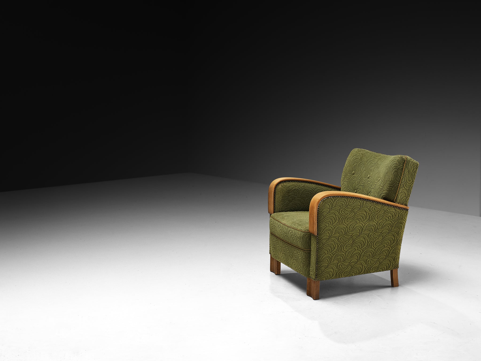 1950s Pair of Lounge Chairs in Wood and Green Fabric Seating Morentz