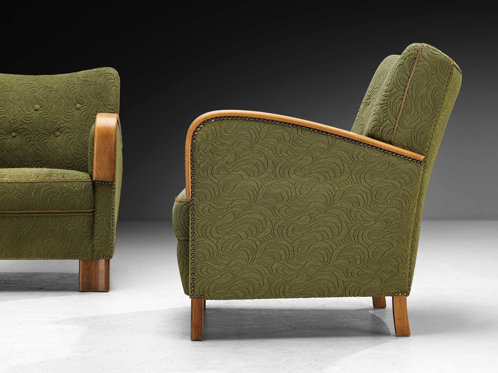 1950s Pair of Lounge Chairs in Wood and Green Fabric Seating Morentz