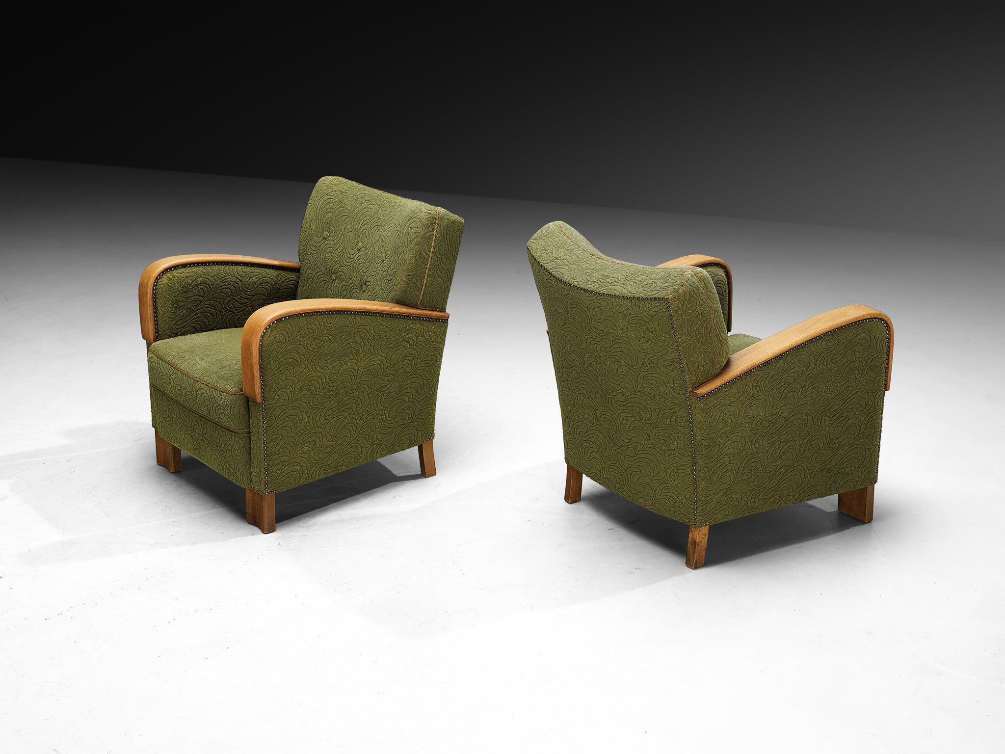 1950s Pair of Lounge Chairs in Wood and Green Fabric Seating Morentz