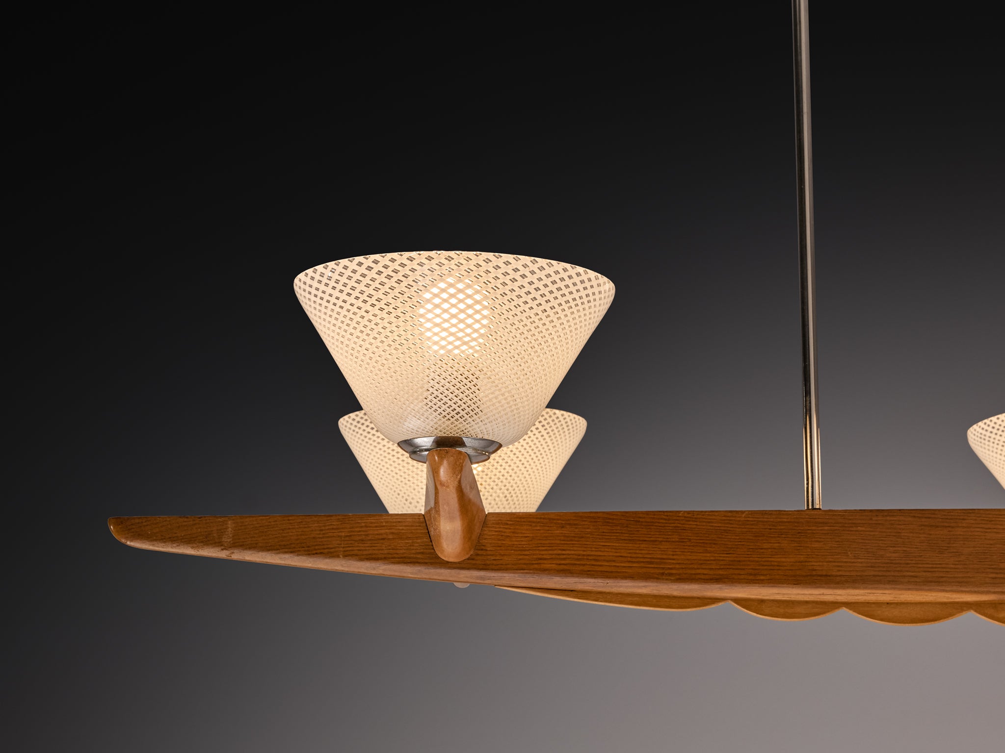 Mid-Century Modern Italian Chandelier in Reticello Murano Glass and Teak Lighting Morentz