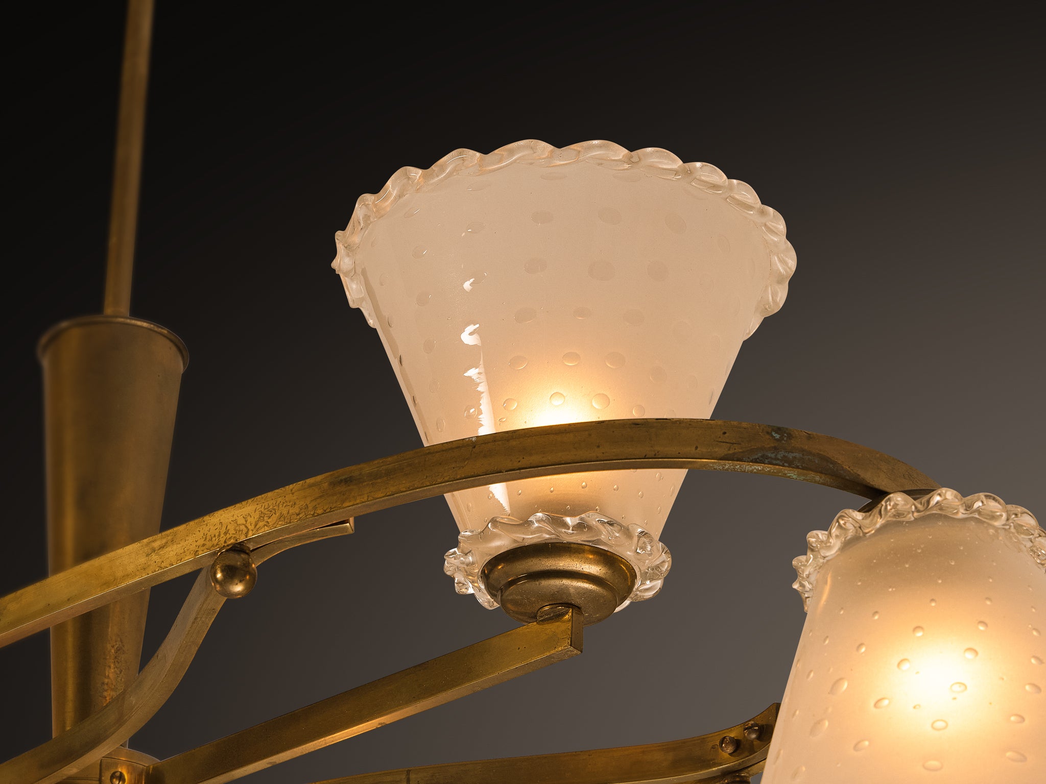 1950s Italian Chandelier in Brass and Frosted Glass Shades Lighting Morentz