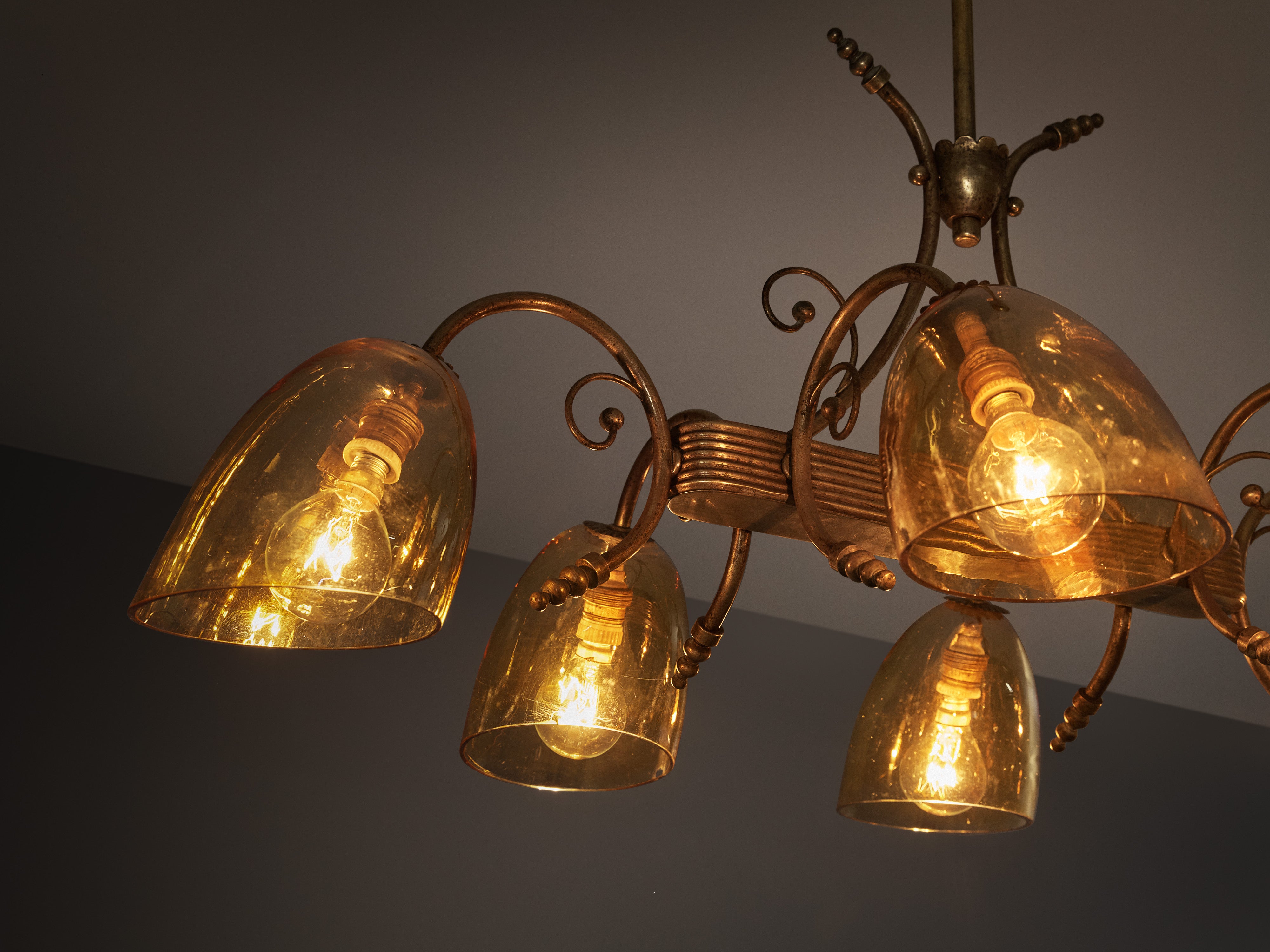 Mid-Century Italian Chandelier in Brass with Amber Glass Shades Lighting Morentz