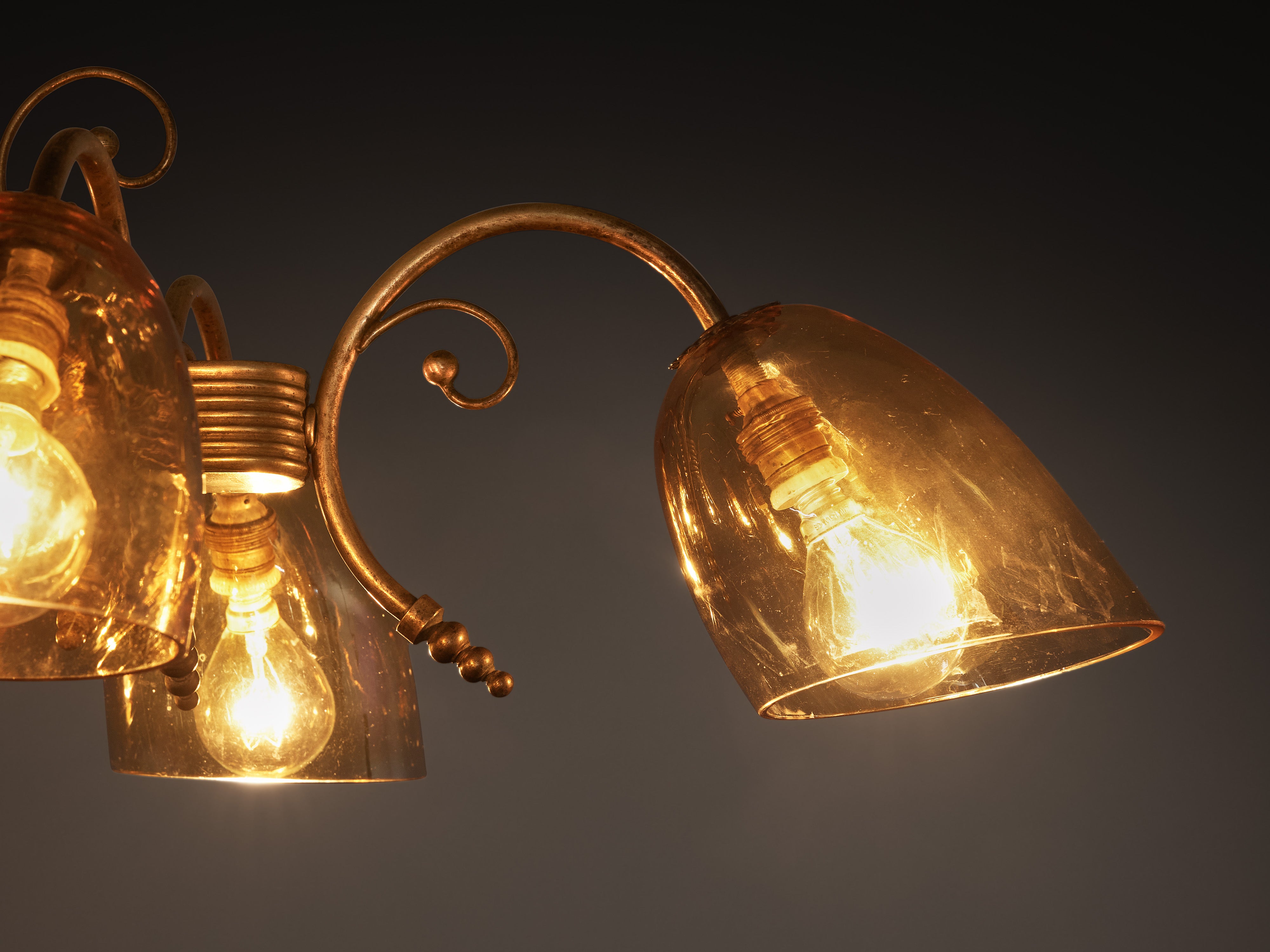 Mid-Century Italian Chandelier in Brass with Amber Glass Shades Lighting Morentz