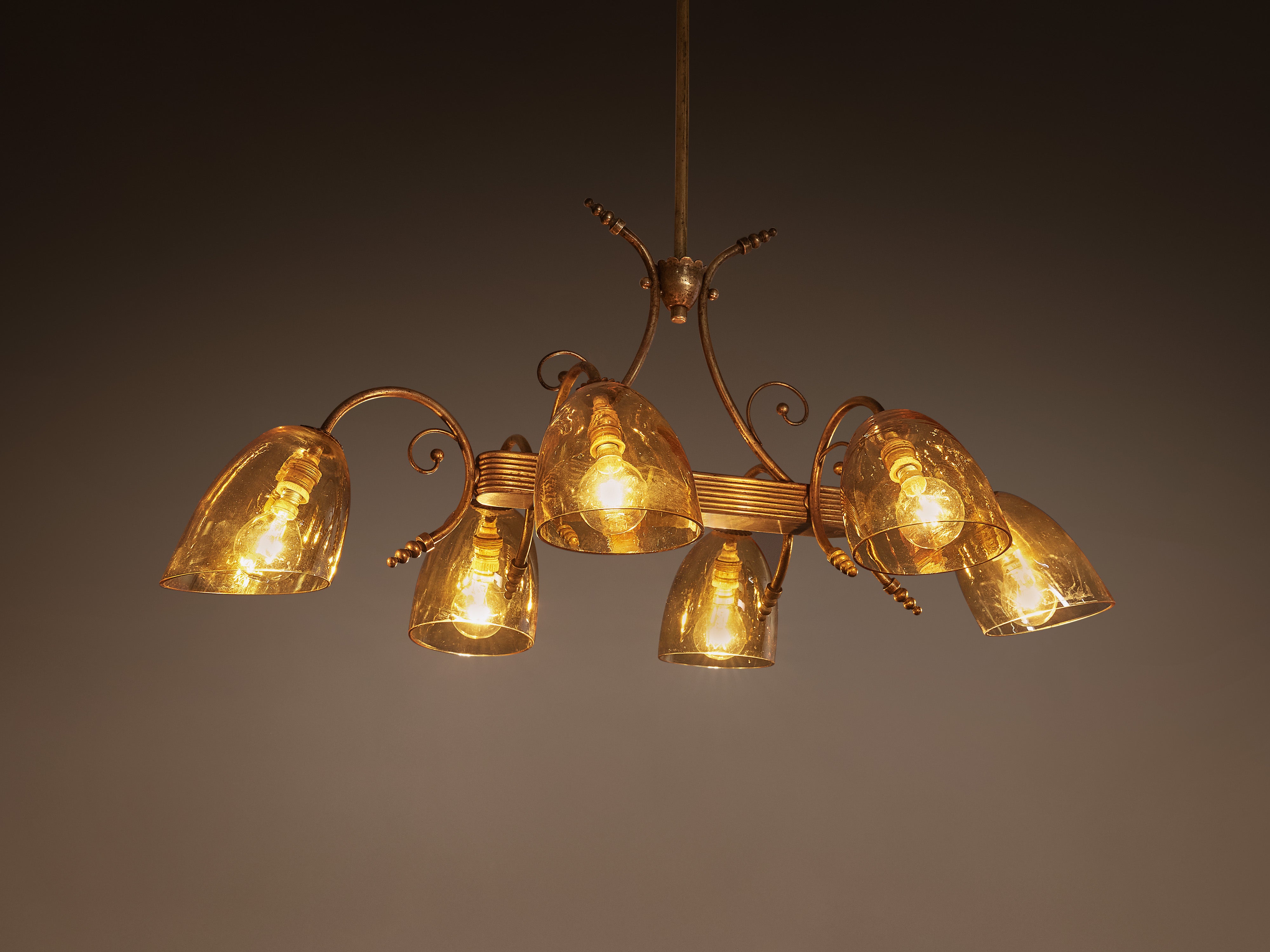 Mid-Century Italian Chandelier in Brass with Amber Glass Shades Lighting Morentz