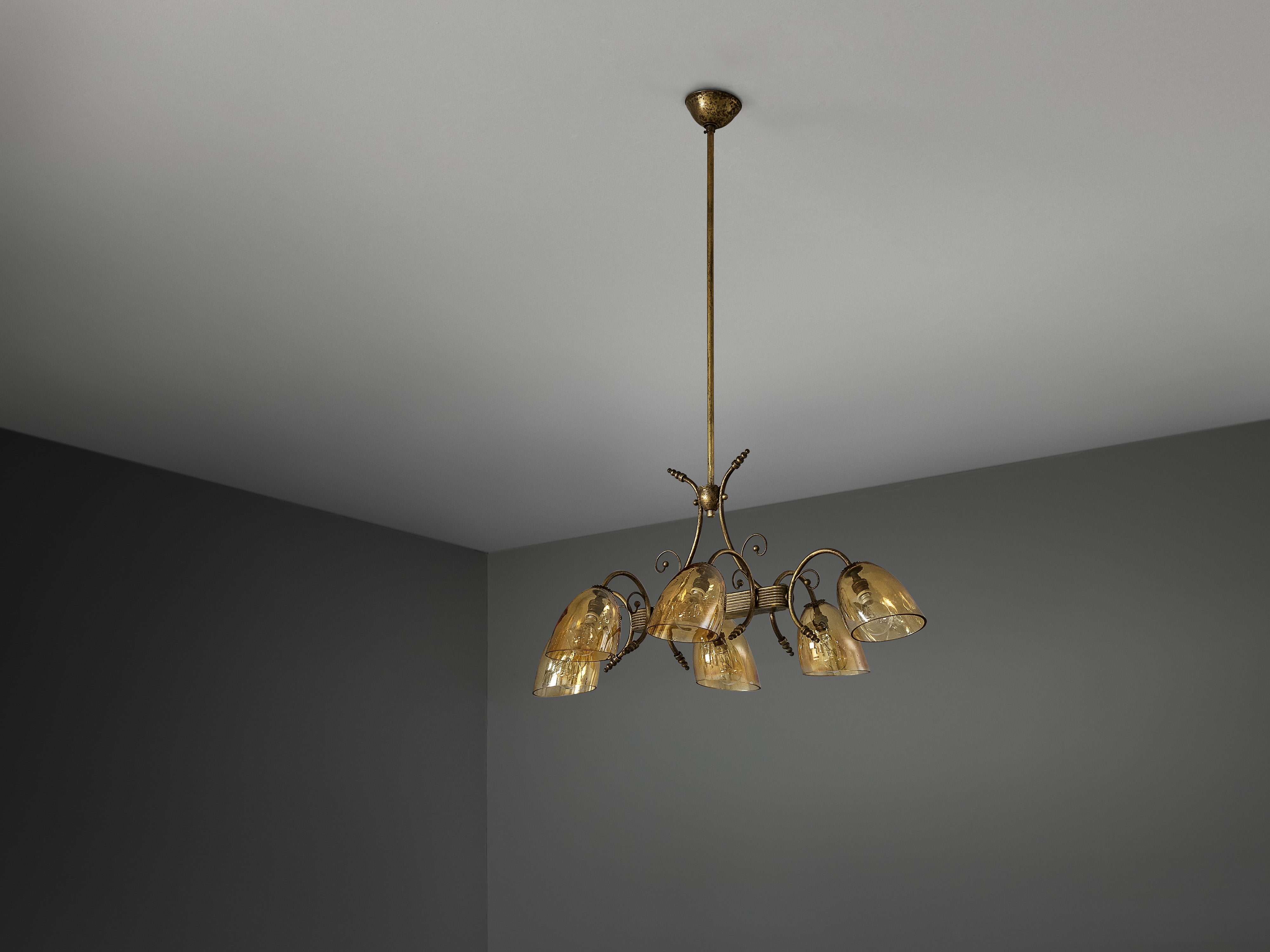 Mid-Century Italian Chandelier in Brass with Amber Glass Shades Lighting Morentz