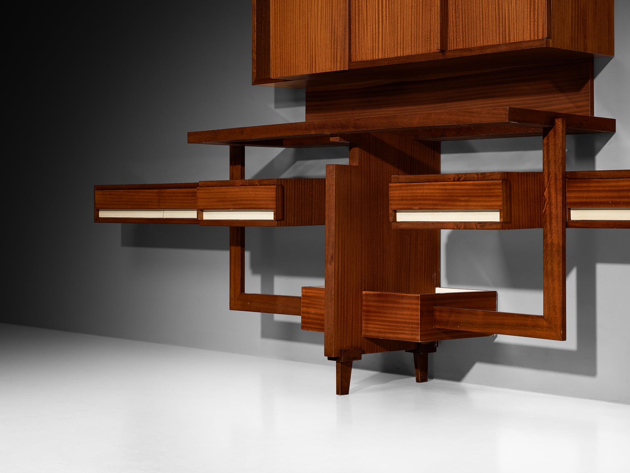 Italian Mid-Century Custom-Made Architectural Wall Unit in Mahogany Case pieces and storage cabinets Morentz