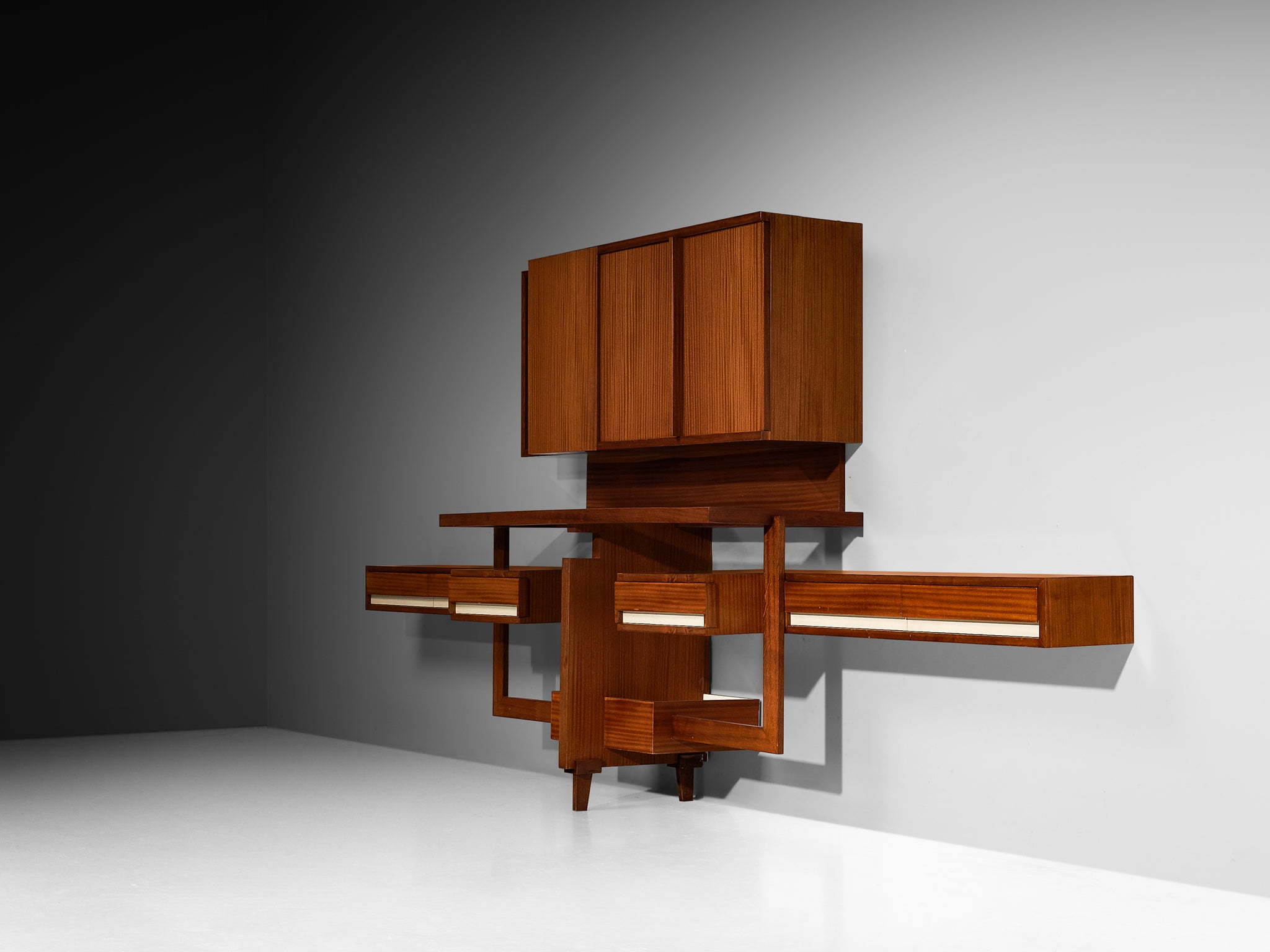 Italian Mid-Century Custom-Made Architectural Wall Unit in Mahogany Case pieces and storage cabinets Morentz