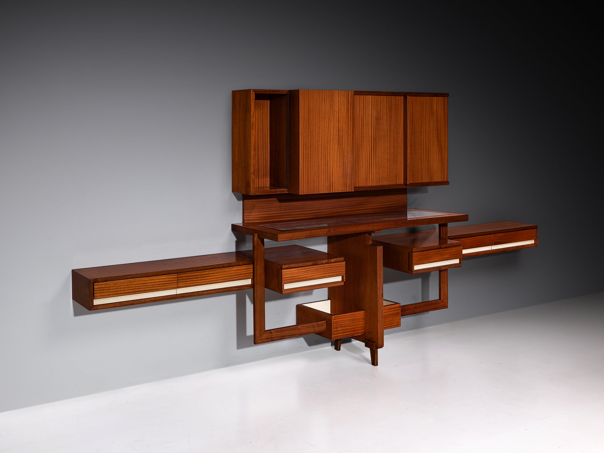 Italian Mid-Century Custom-Made Architectural Wall Unit in Mahogany