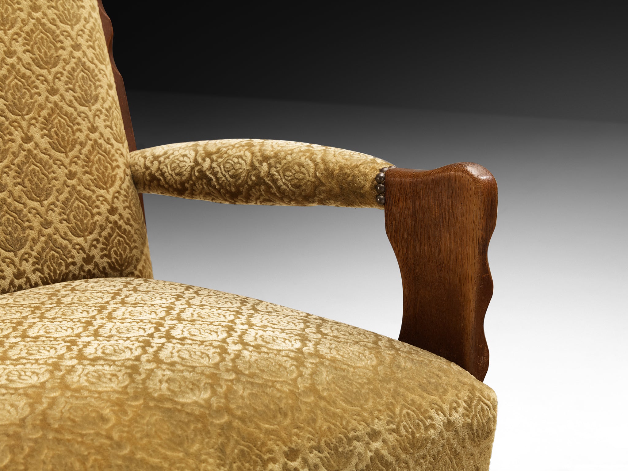 Pair of Lounge Chairs with Curved Front Legs in Oak and Fabric 1940s Seating Morentz