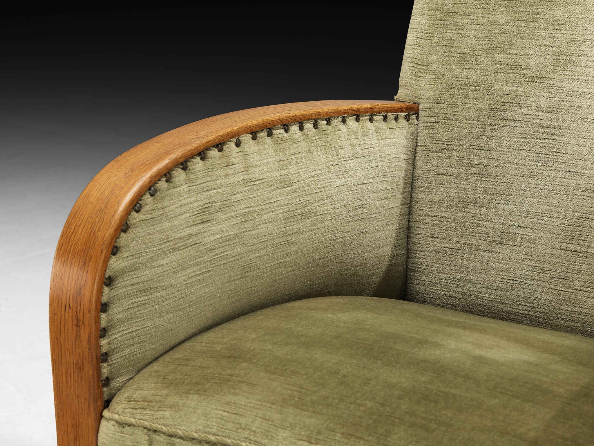 Art Deco Pair of Lounge Chairs in Oak and Muted Green Fabric Seating Morentz