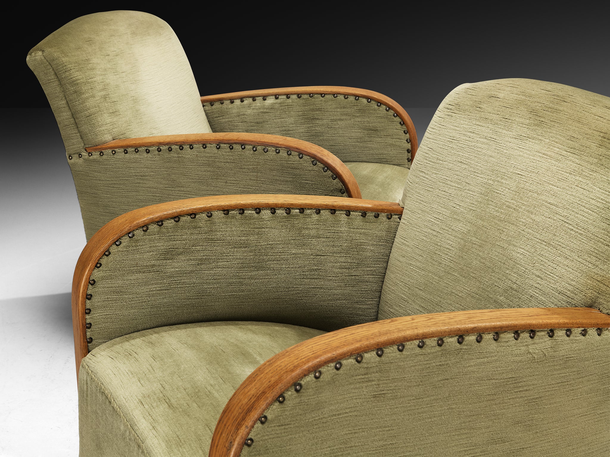 Art Deco Pair of Lounge Chairs in Oak and Muted Green Fabric Seating Morentz