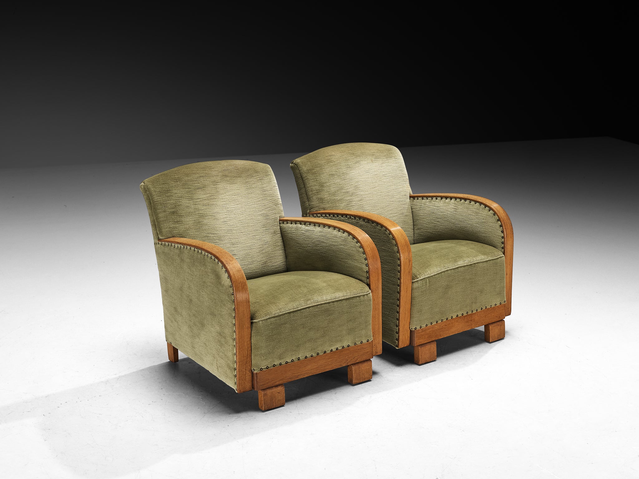 Art Deco Pair of Lounge Chairs in Oak and Muted Green Fabric Seating Morentz