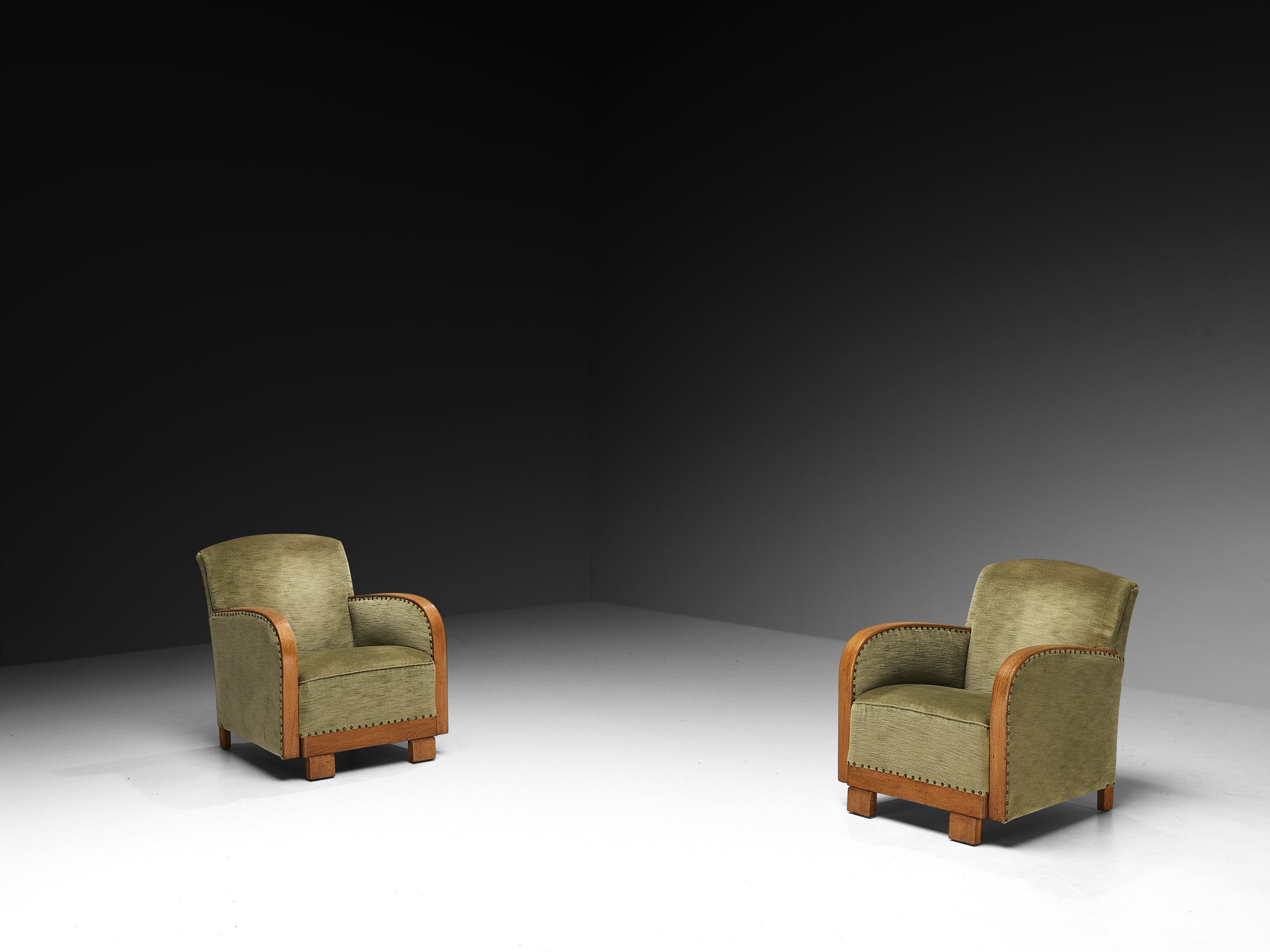 Art Deco Pair of Lounge Chairs in Oak and Muted Green Fabric Seating Morentz