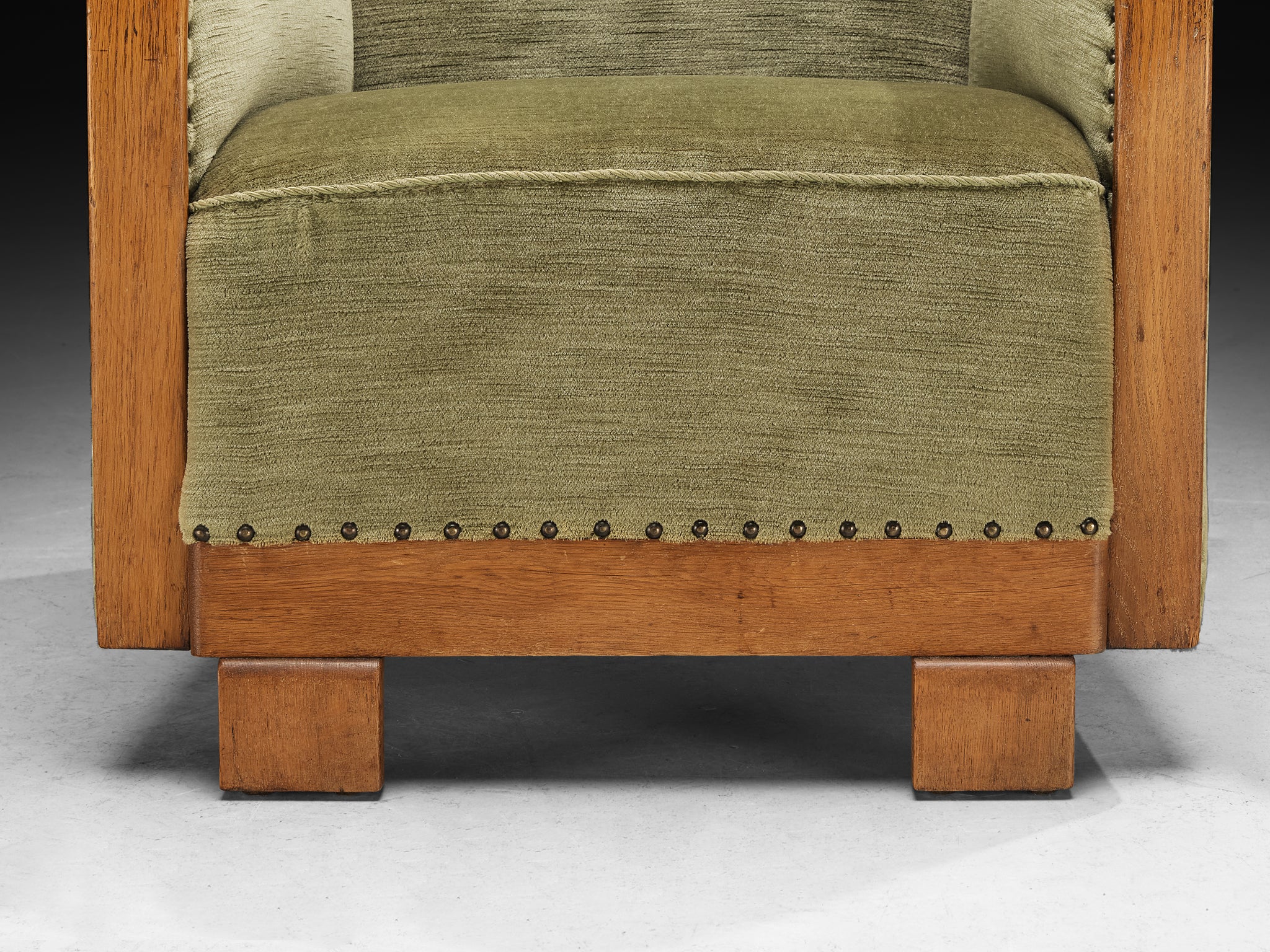 Art Deco Pair of Lounge Chairs in Oak and Muted Green Fabric Seating Morentz