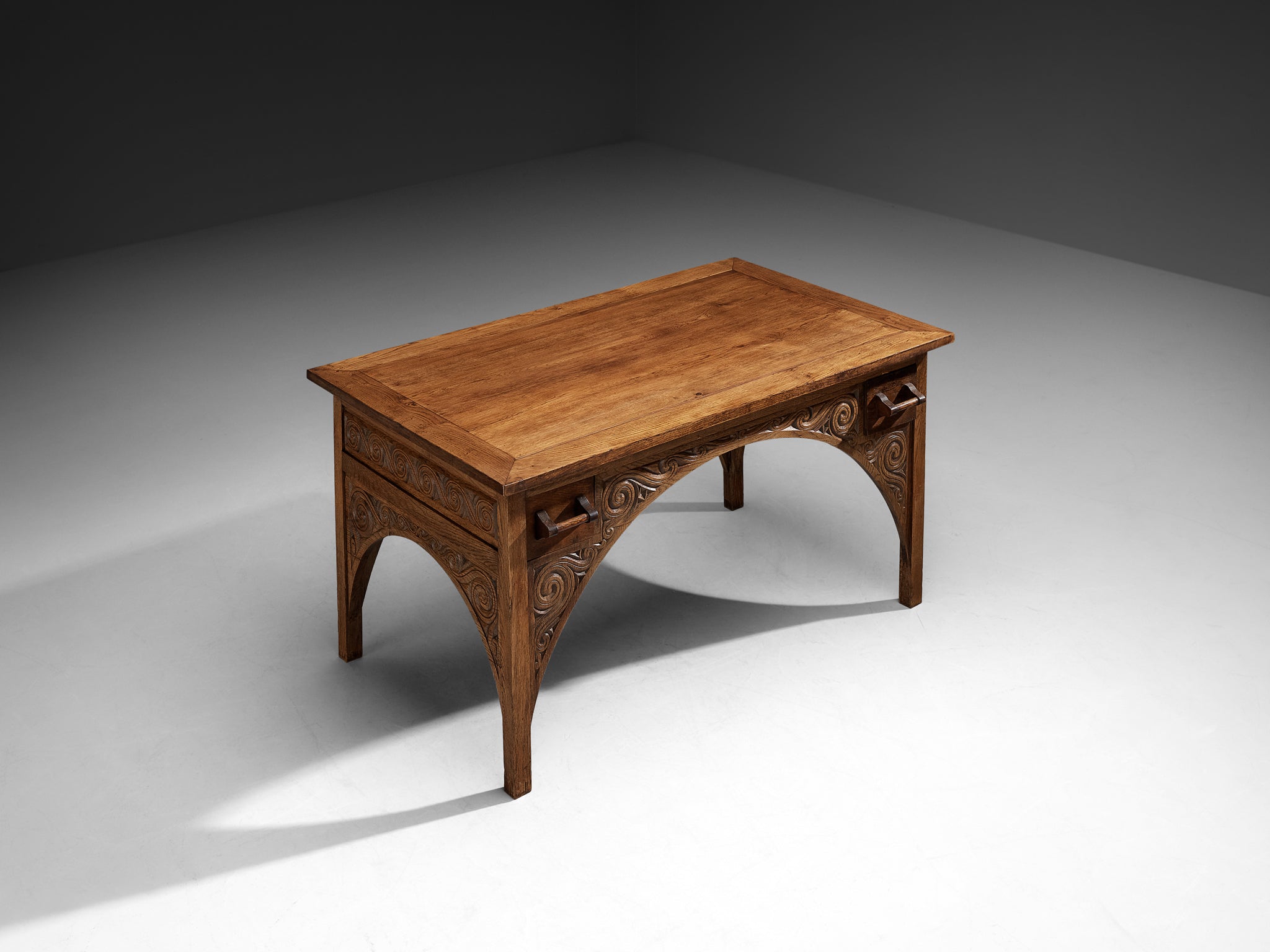 Rare Carved Desk in Solid Oak by Breton Artist Jacques Philippe Tables Morentz