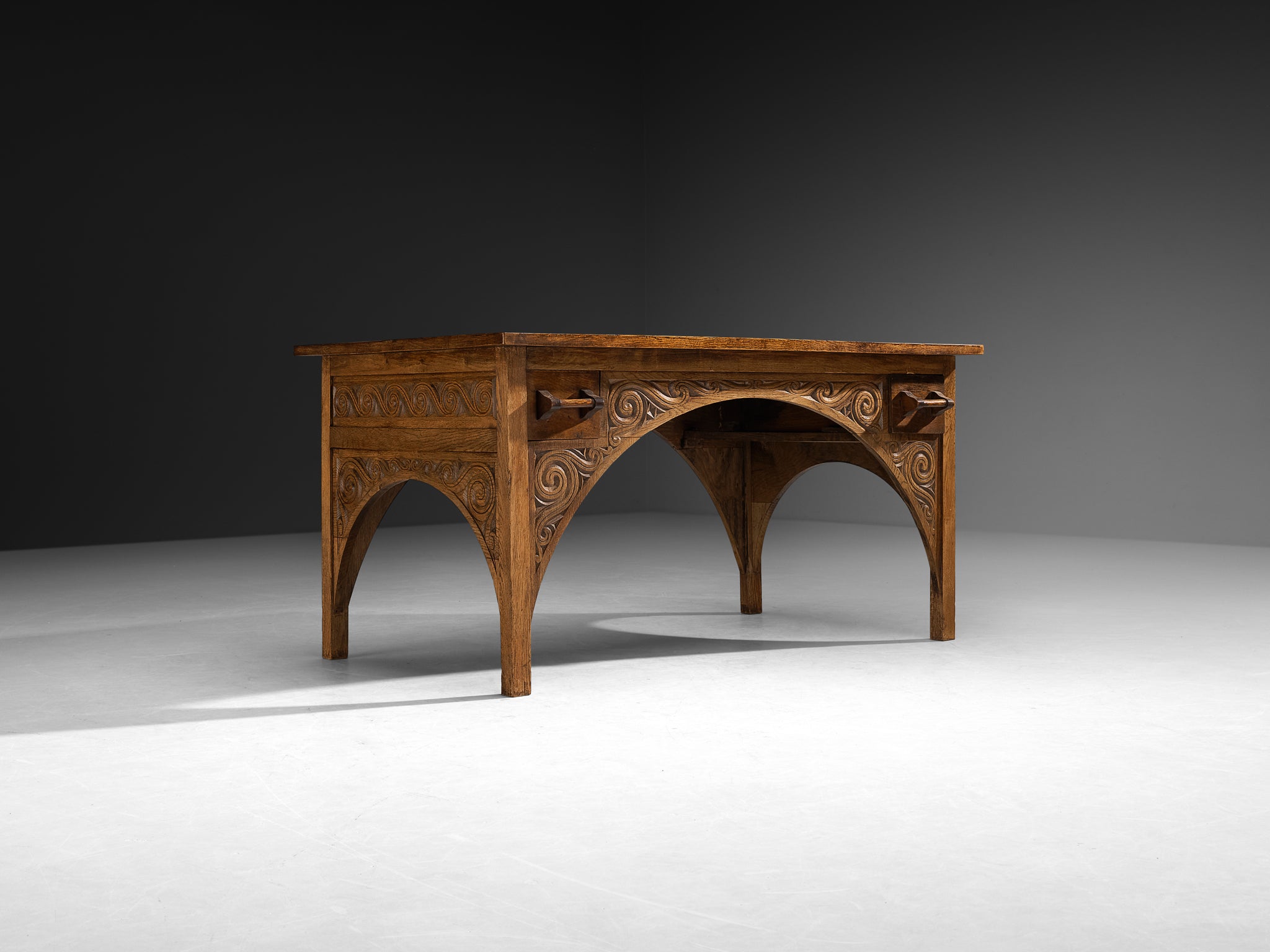 Rare Carved Desk in Solid Oak by Breton Artist Jacques Philippe Tables Morentz