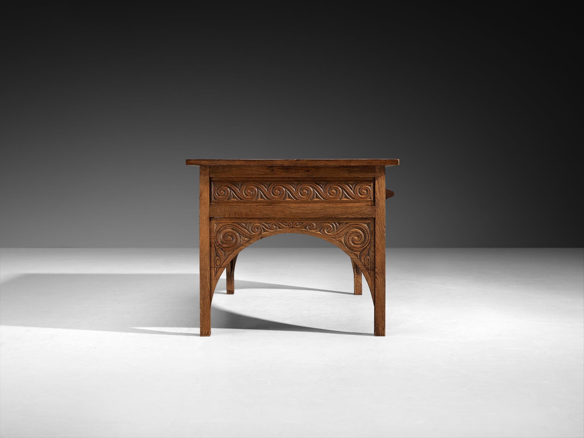 Rare Carved Desk in Solid Oak by Breton Artist Jacques Philippe Tables Morentz