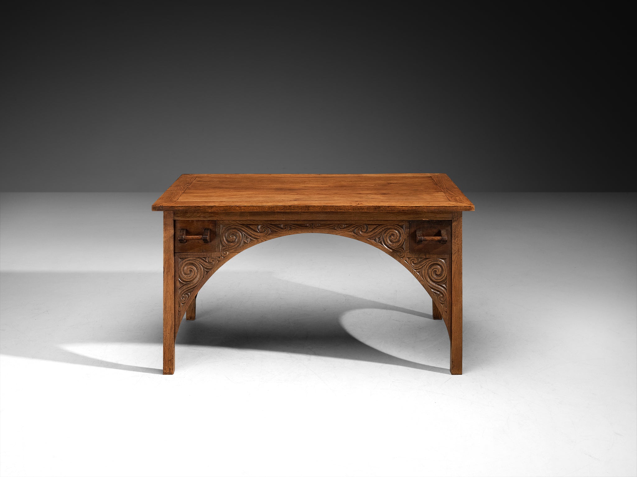 Rare Carved Desk in Solid Oak by Breton Artist Jacques Philippe Tables Morentz